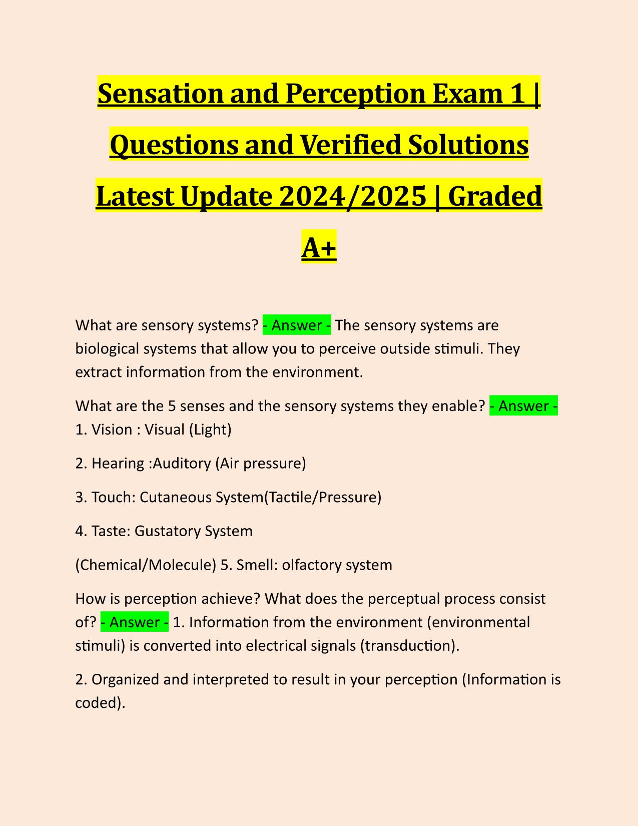 Sensation and Perception Exam 1 | Questions and Verified Solutions Latest Update 2024/2025 | Graded A+