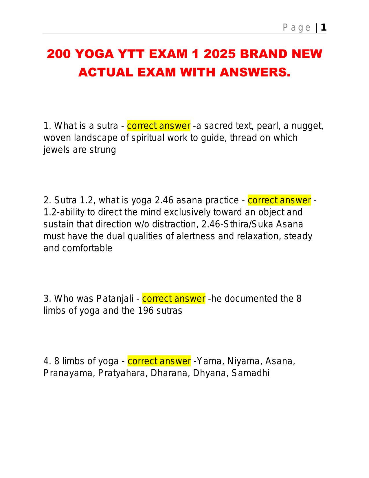200 YOGA YTT EXAM 1 2025 BRAND NEW ACTUAL EXAM WITH ANSWERS.