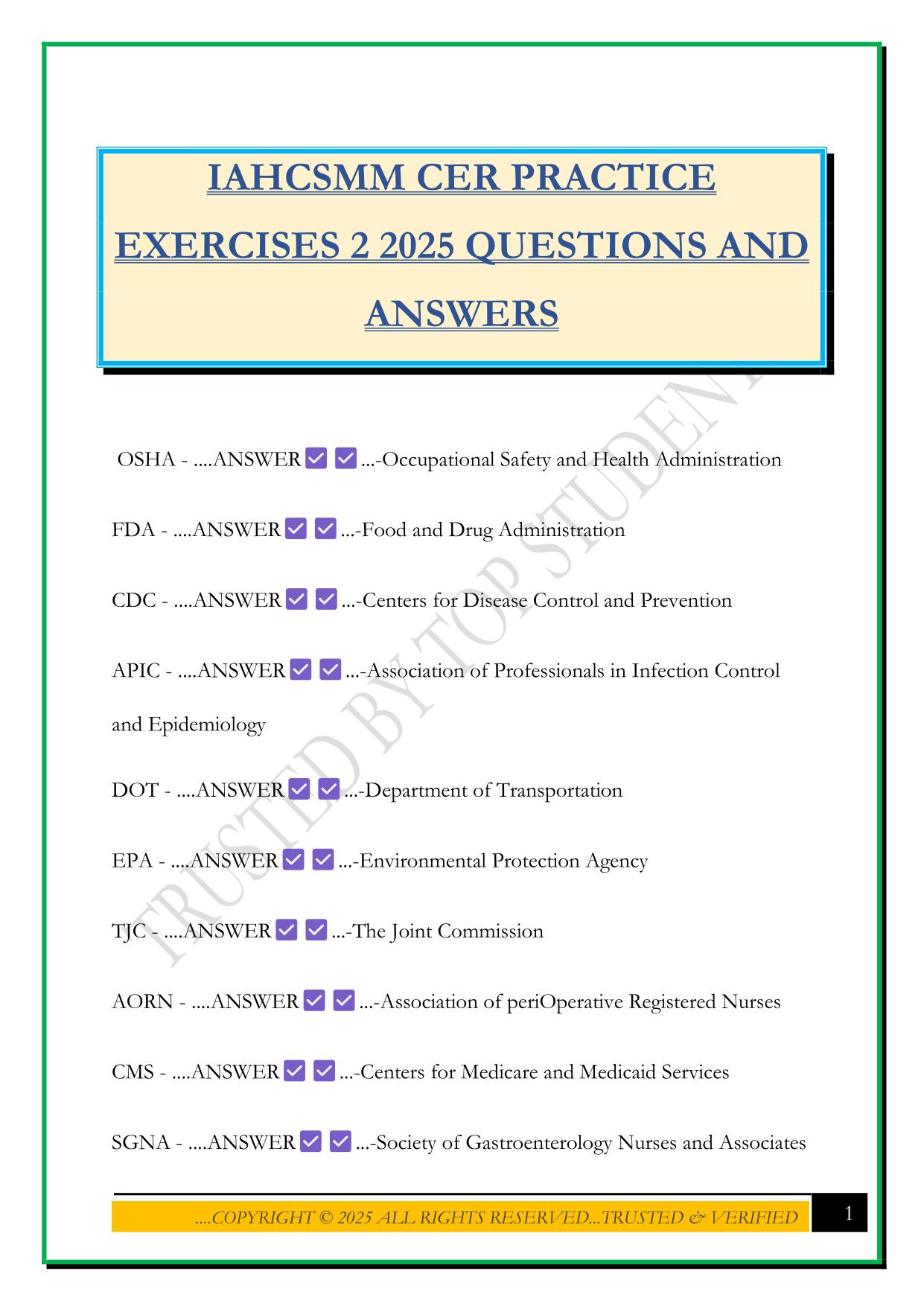 IAHCSMM CER PRACTICE EXERCISES 2 2025 QUESTIONS AND ANSWERS