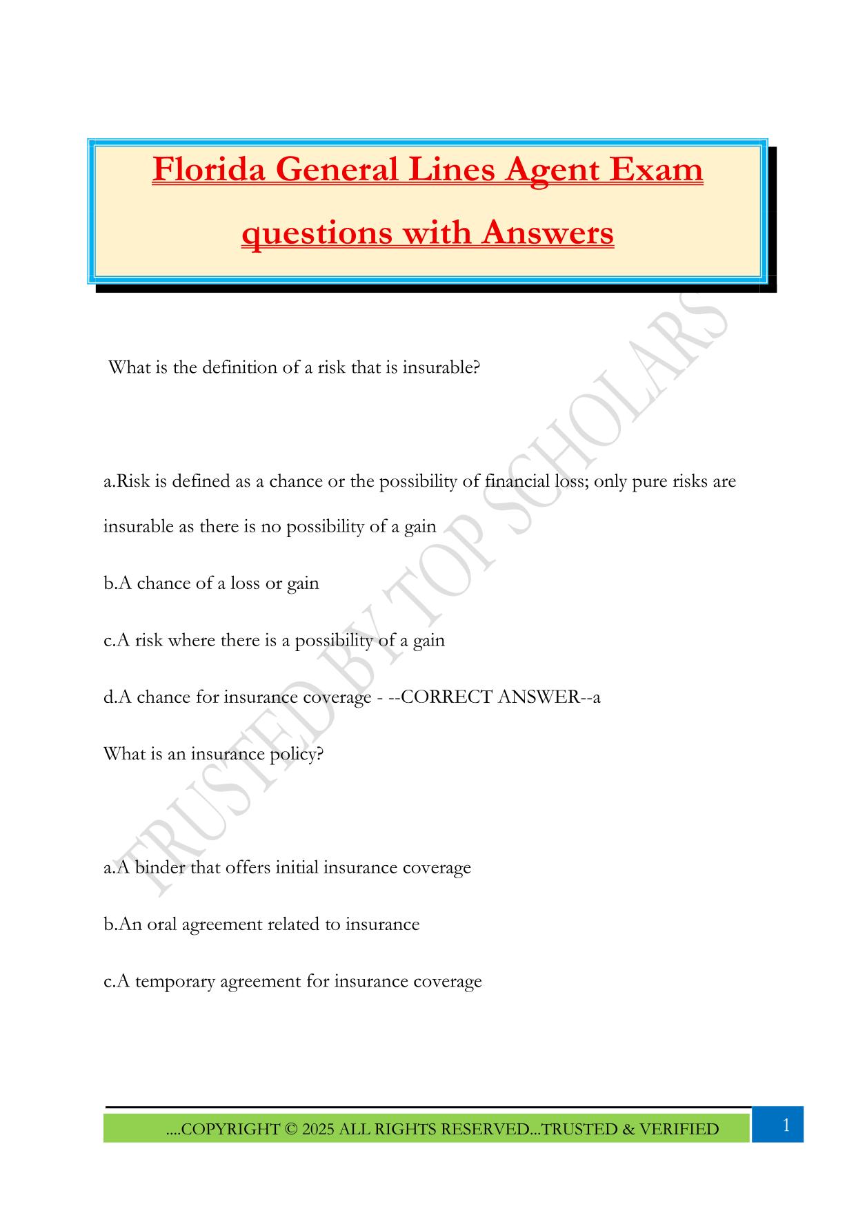 Florida General Lines Agent Exam questions with Answers