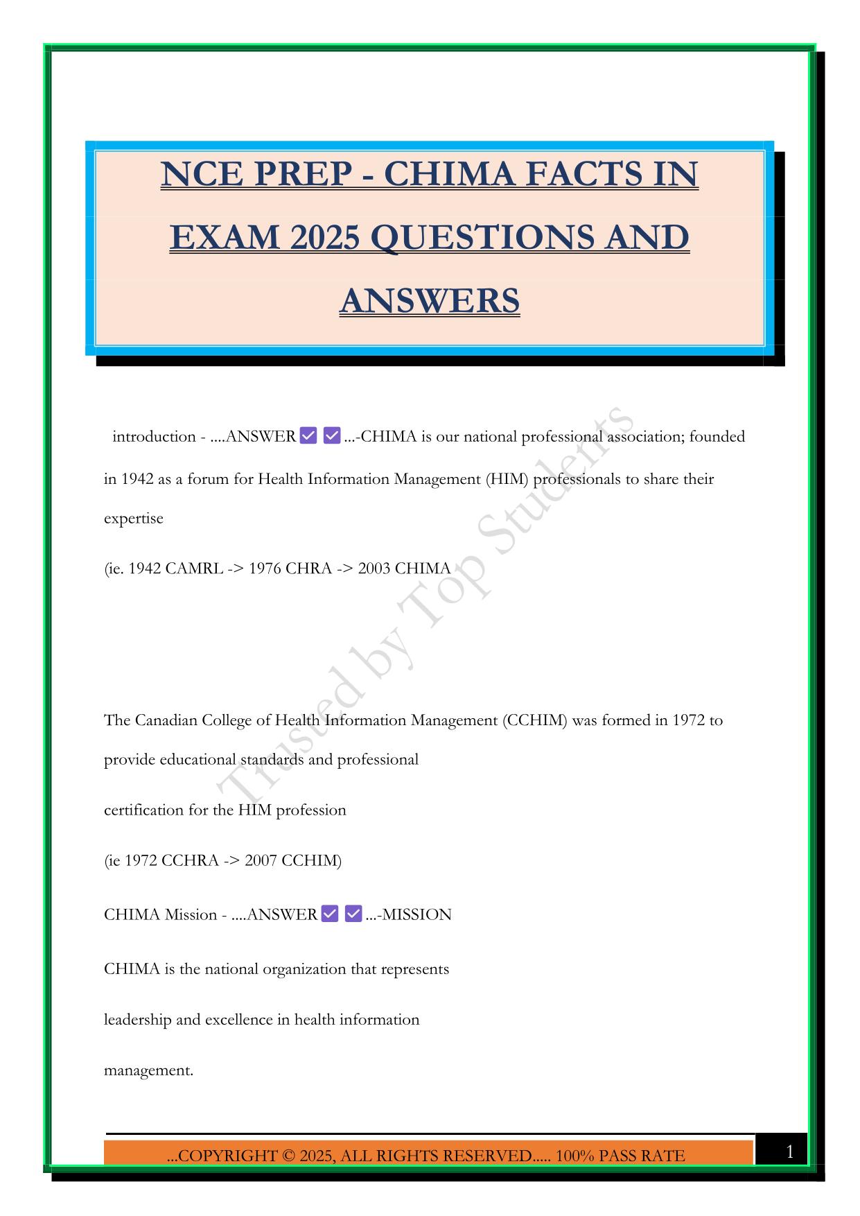 NCE PREP - CHIMA FACTS IN EXAM 2025 QUESTIONS AND ANSWERS
