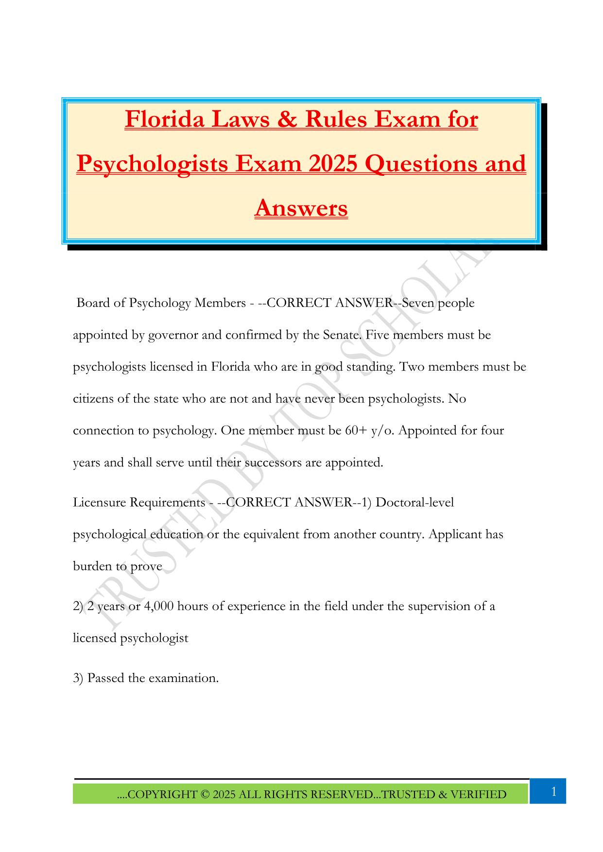 Florida Laws & Rules Exam for Psychologists Exam 2025 Questions and Answers
