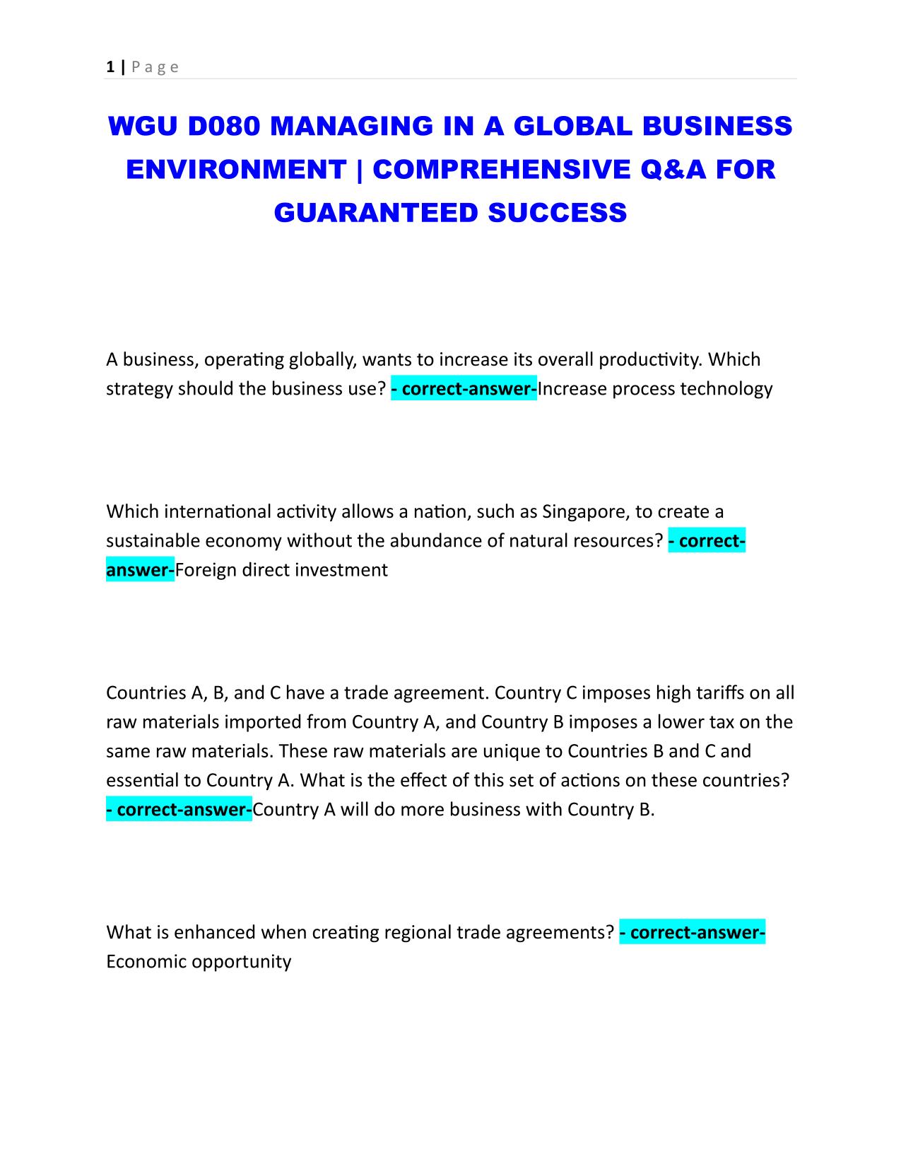 WGU D080 MANAGING IN A GLOBAL BUSINESS ENVIRONMENT | COMPREHENSIVE Q&A FOR GUARANTEED SUCCESS