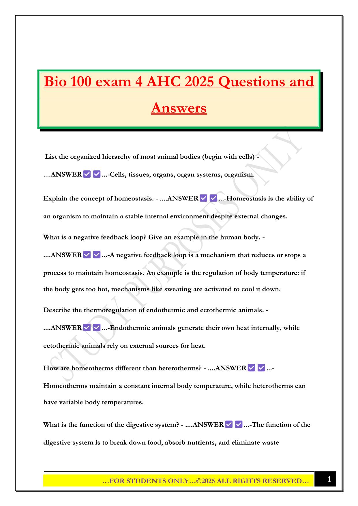 Bio 100 exam 4 AHC 2025 Questions and Answers