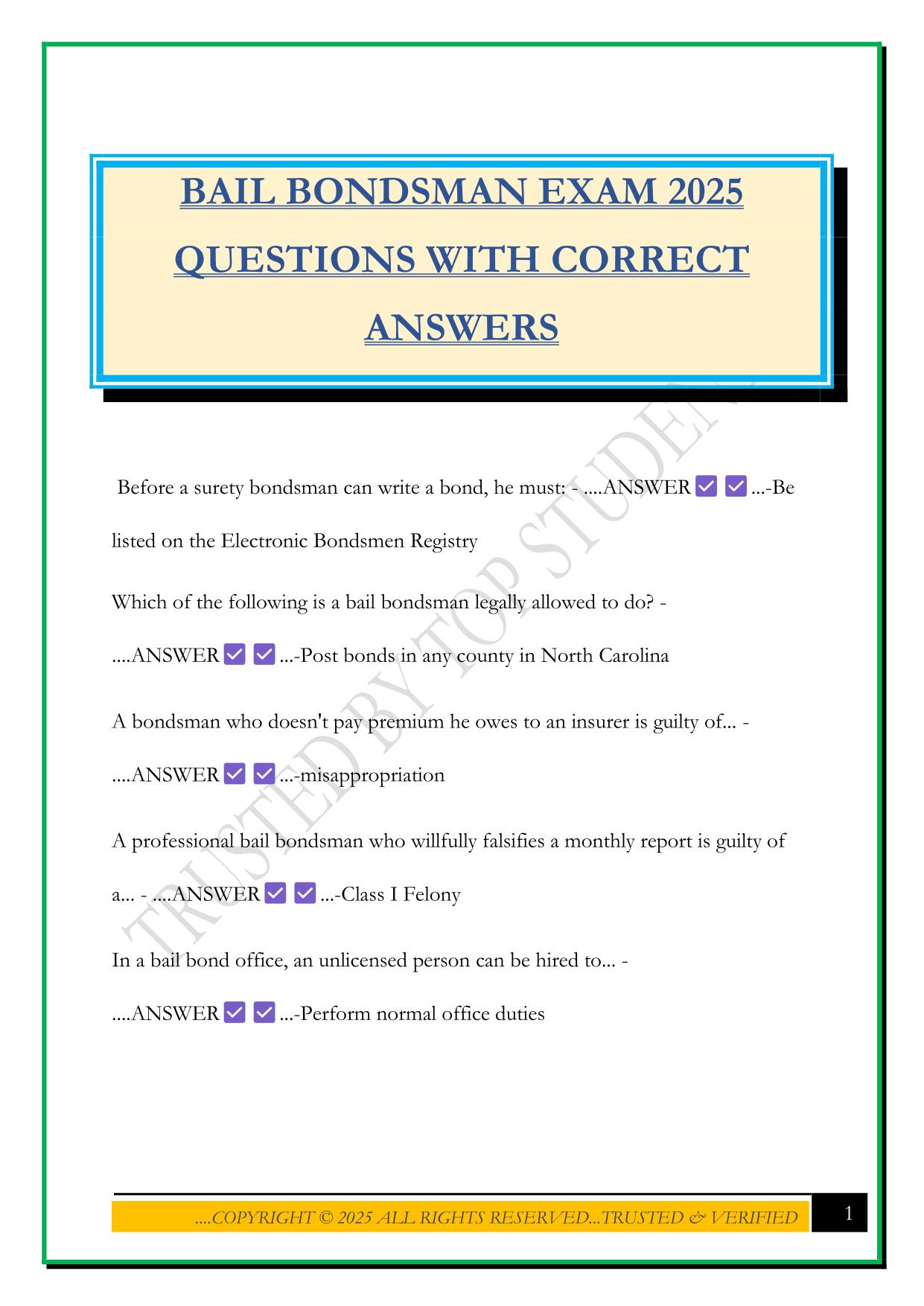 BAIL BONDSMAN EXAM 2025 QUESTIONS WITH CORRECT ANSWERS