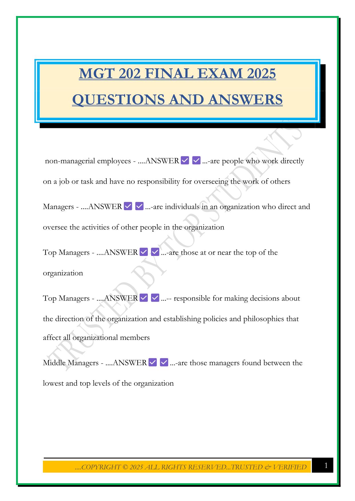 MGT 202 FINAL EXAM 2025 QUESTIONS AND ANSWERS