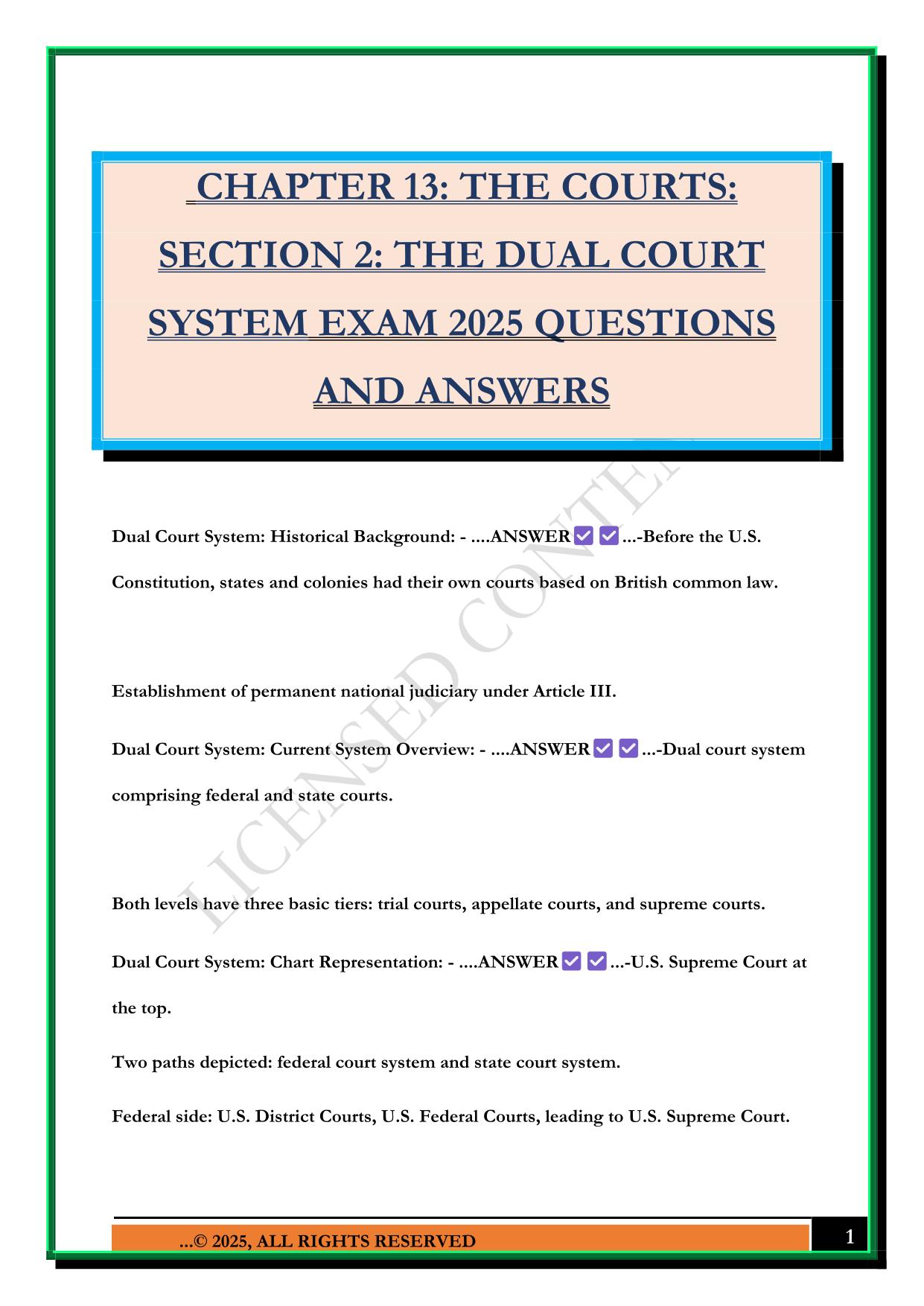 CHAPTER 13: THE COURTS: SECTION 2: THE DUAL COURT SYSTEM EXAM 2025 QUESTIONS AND ANSWERS