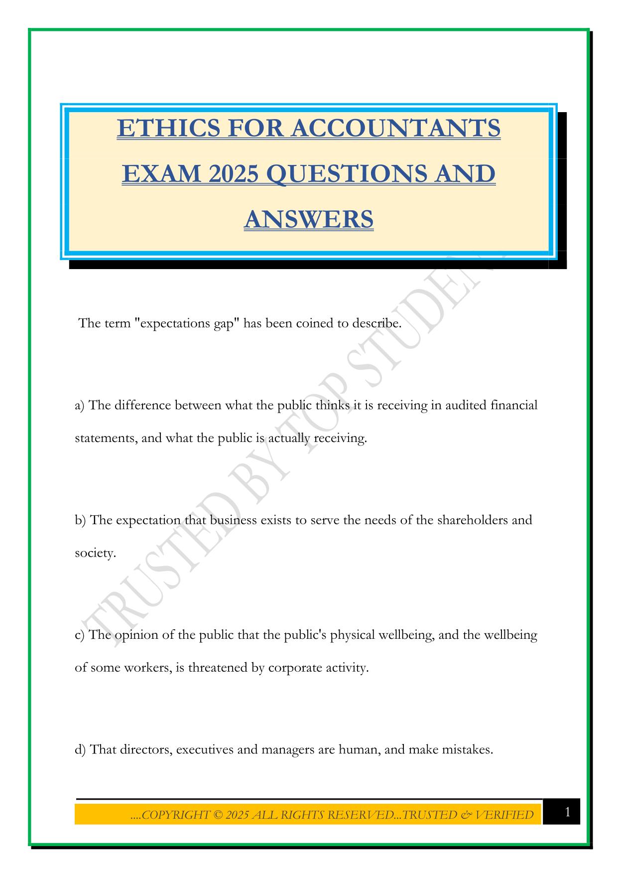 ETHICS FOR ACCOUNTANTS EXAM 2025 QUESTIONS AND ANSWERS