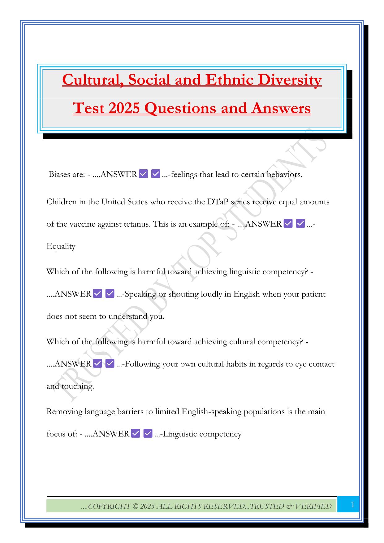 ATI Cultural Diversity Fall 2025 Bundled Exams Questions and Answers |100% Pass |Verified and Updated