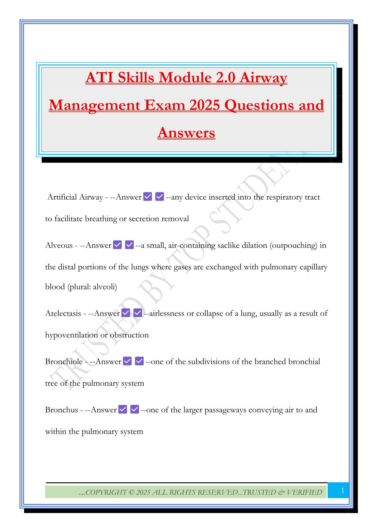 ATI Skills Module 2.0 Airway Management Exam 2025 Questions and Answers
