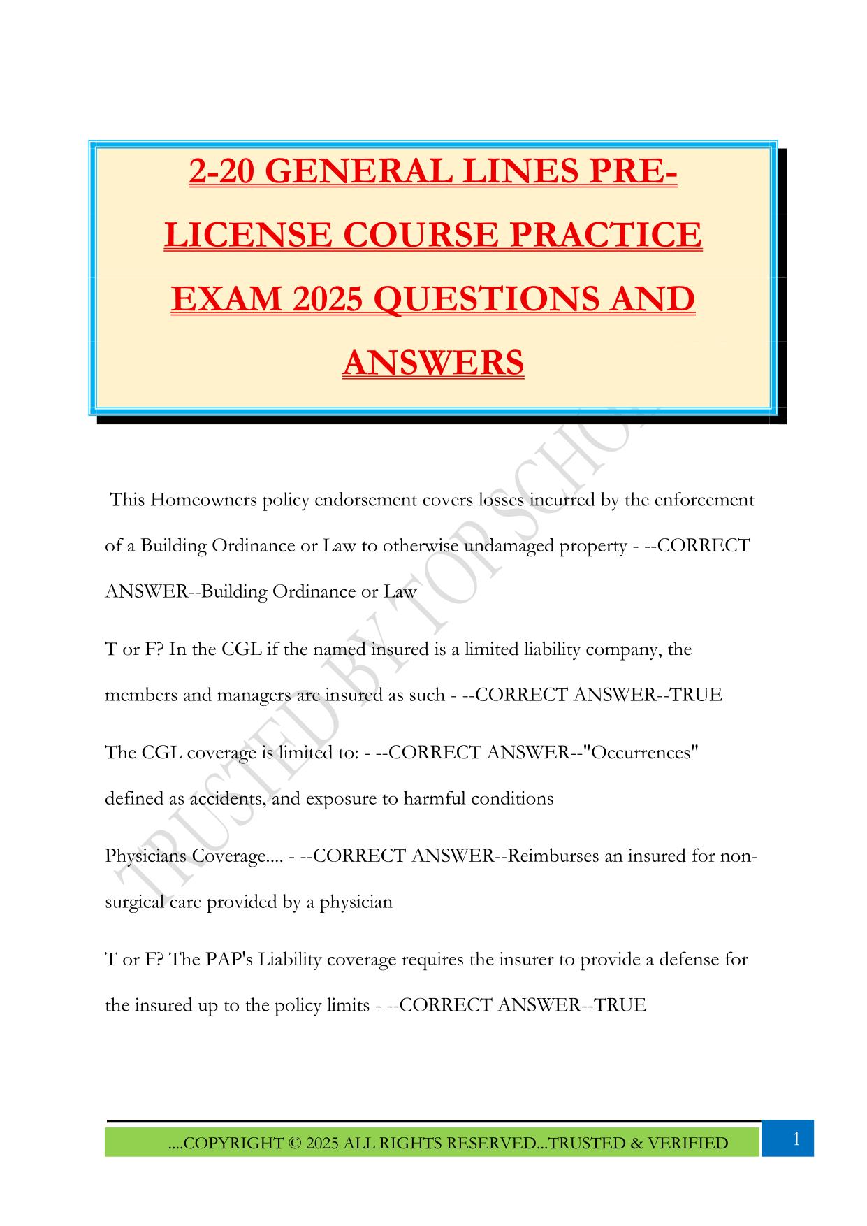 2-20 GENERAL LINES PRE- LICENSE COURSE PRACTICE EXAM 2025 QUESTIONS AND ANSWERS