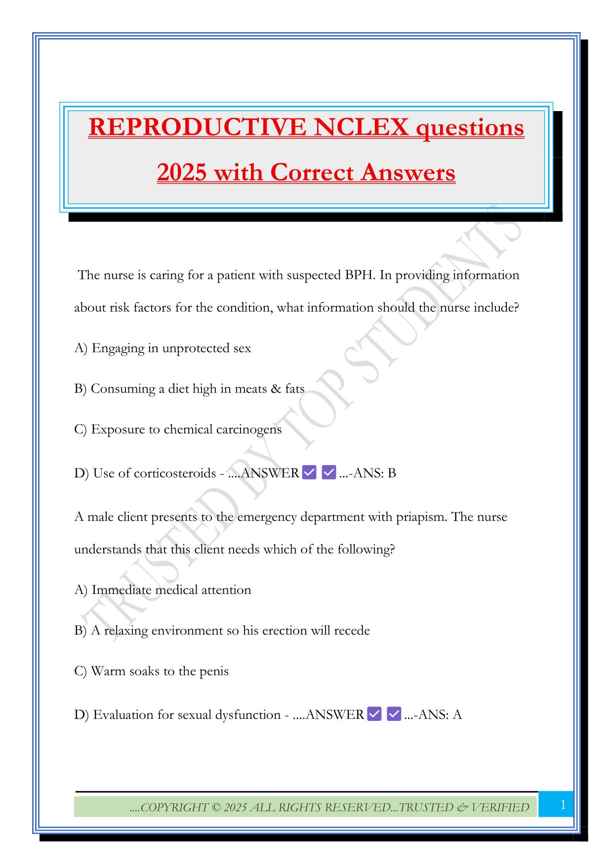 REPRODUCTIVE NCLEX questions 2025 with Correct Answers