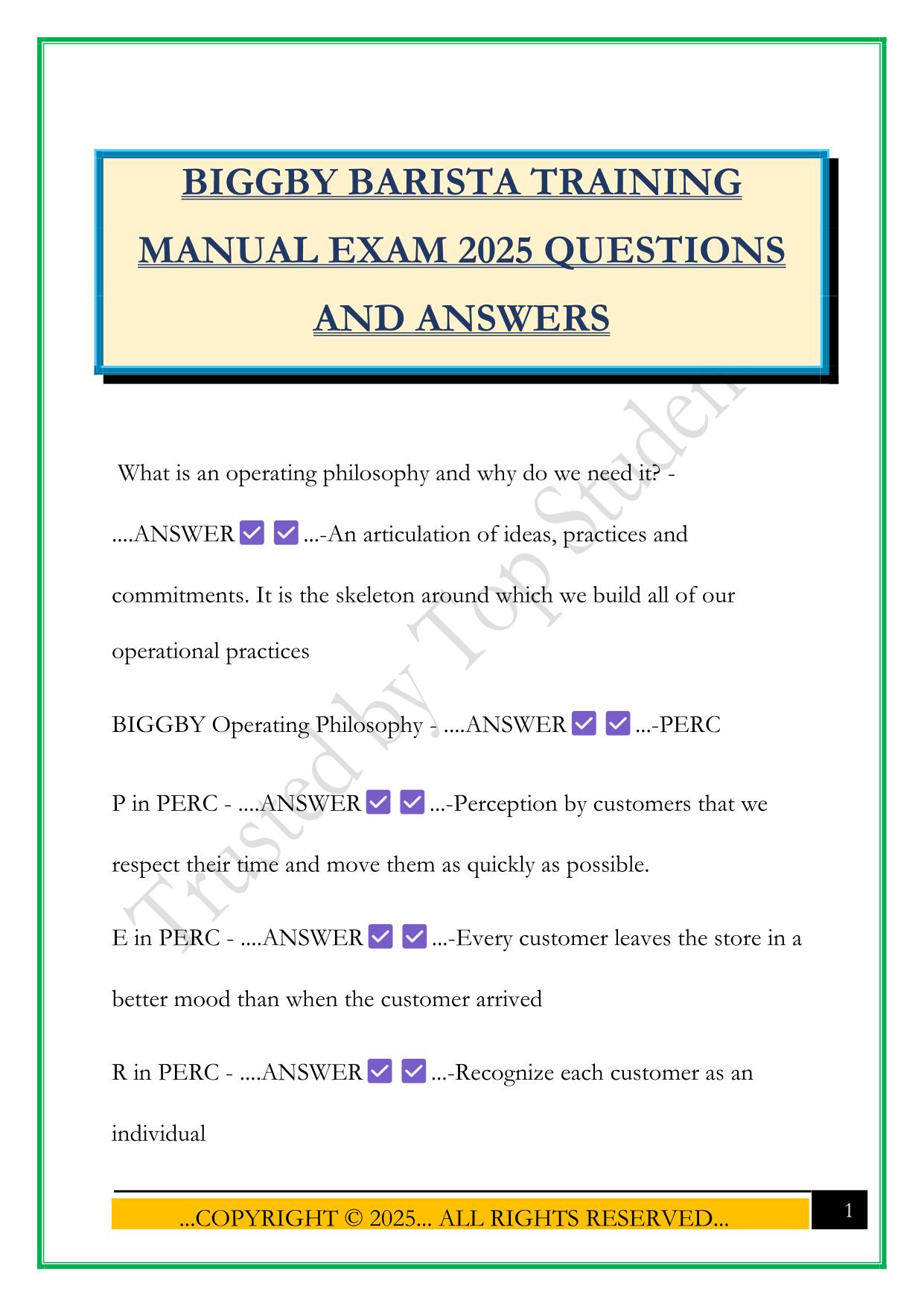BIGGBY BARISTA TRAINING MANUAL EXAM 2025 QUESTIONS AND ANSWERS