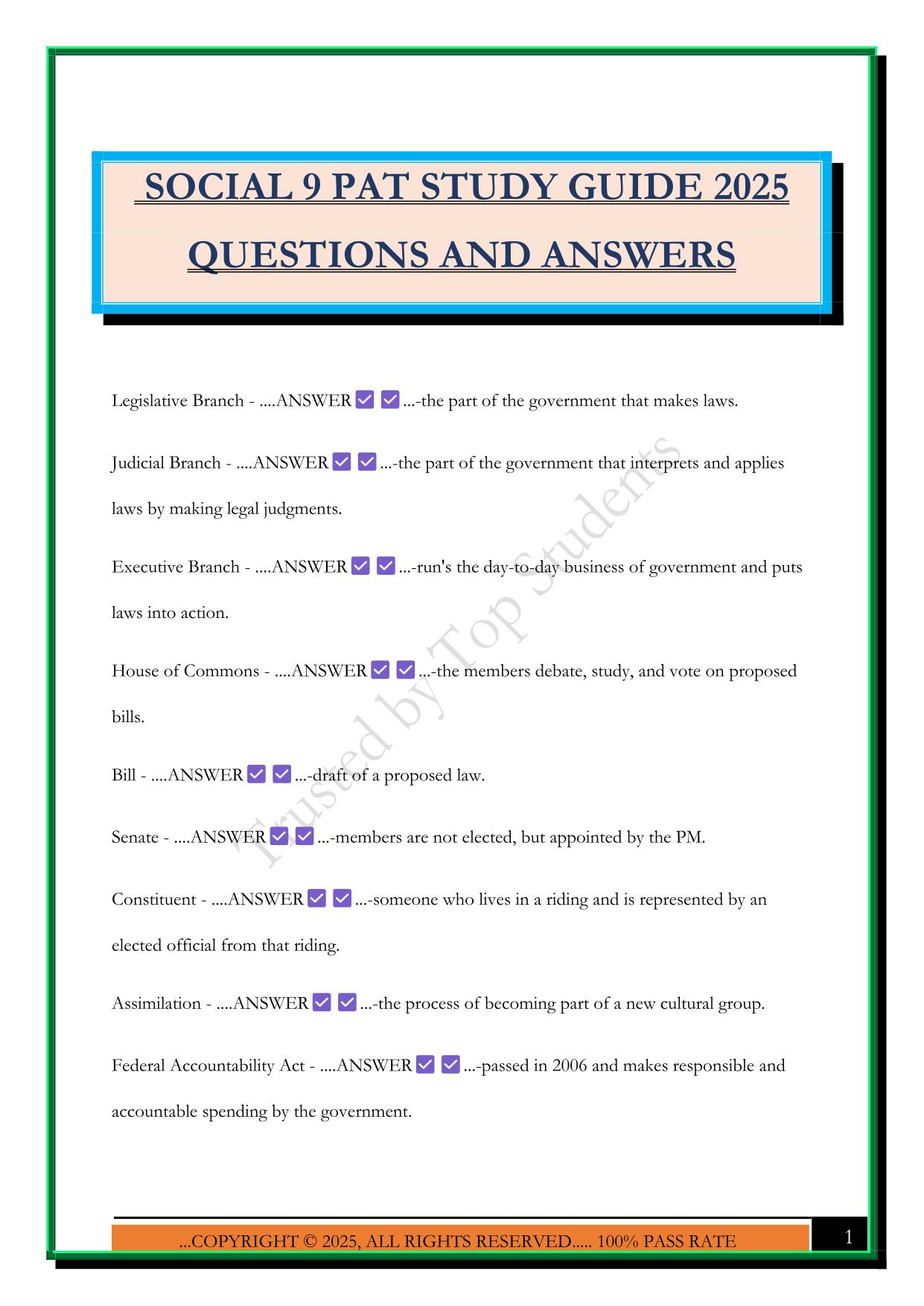 SOCIAL 9 PAT STUDY GUIDE 2025 QUESTIONS AND ANSWERS