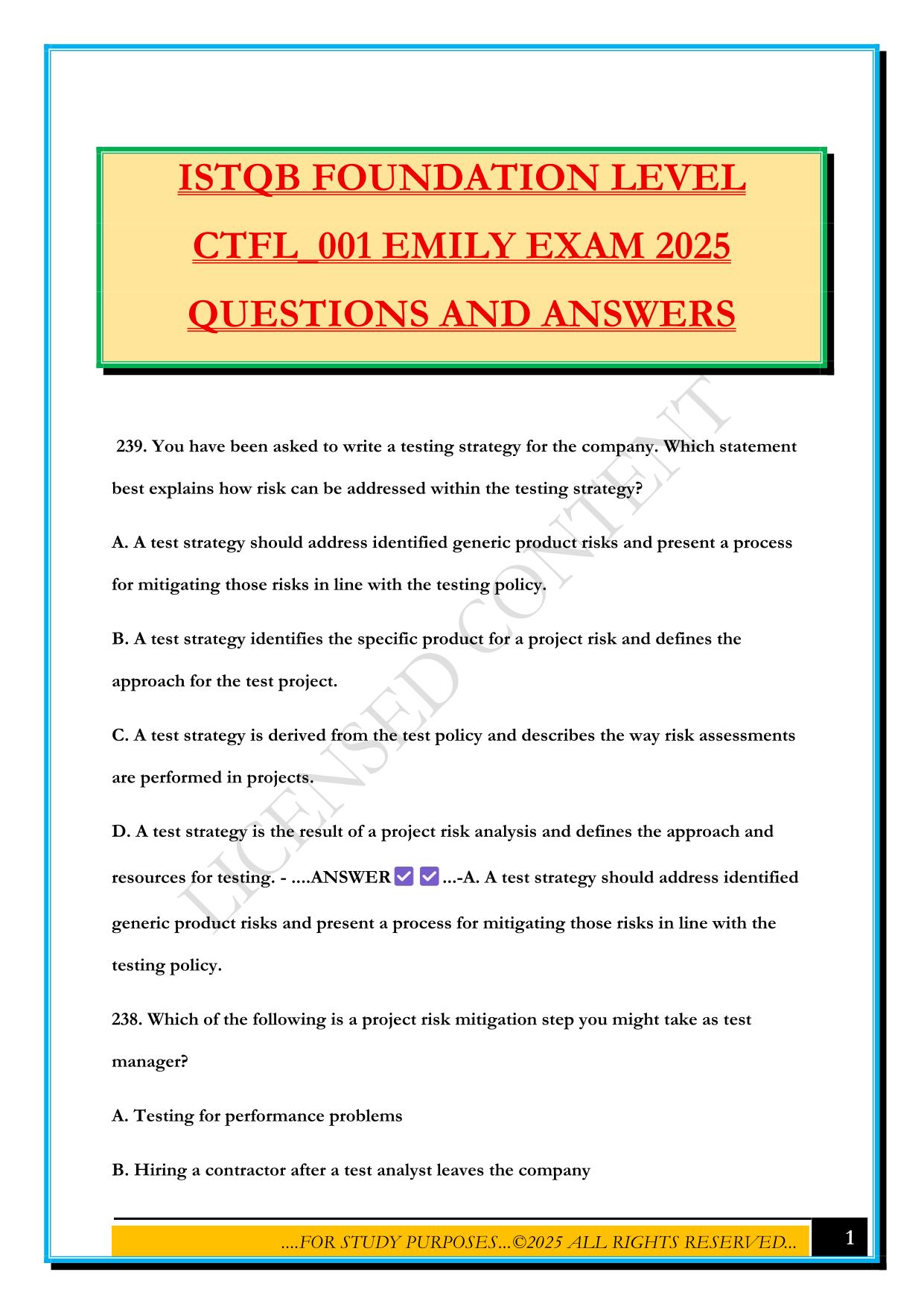 ISTQB FOUNDATION LEVEL CTFL_001 EMILY EXAM 2025 QUESTIONS AND ANSWERS