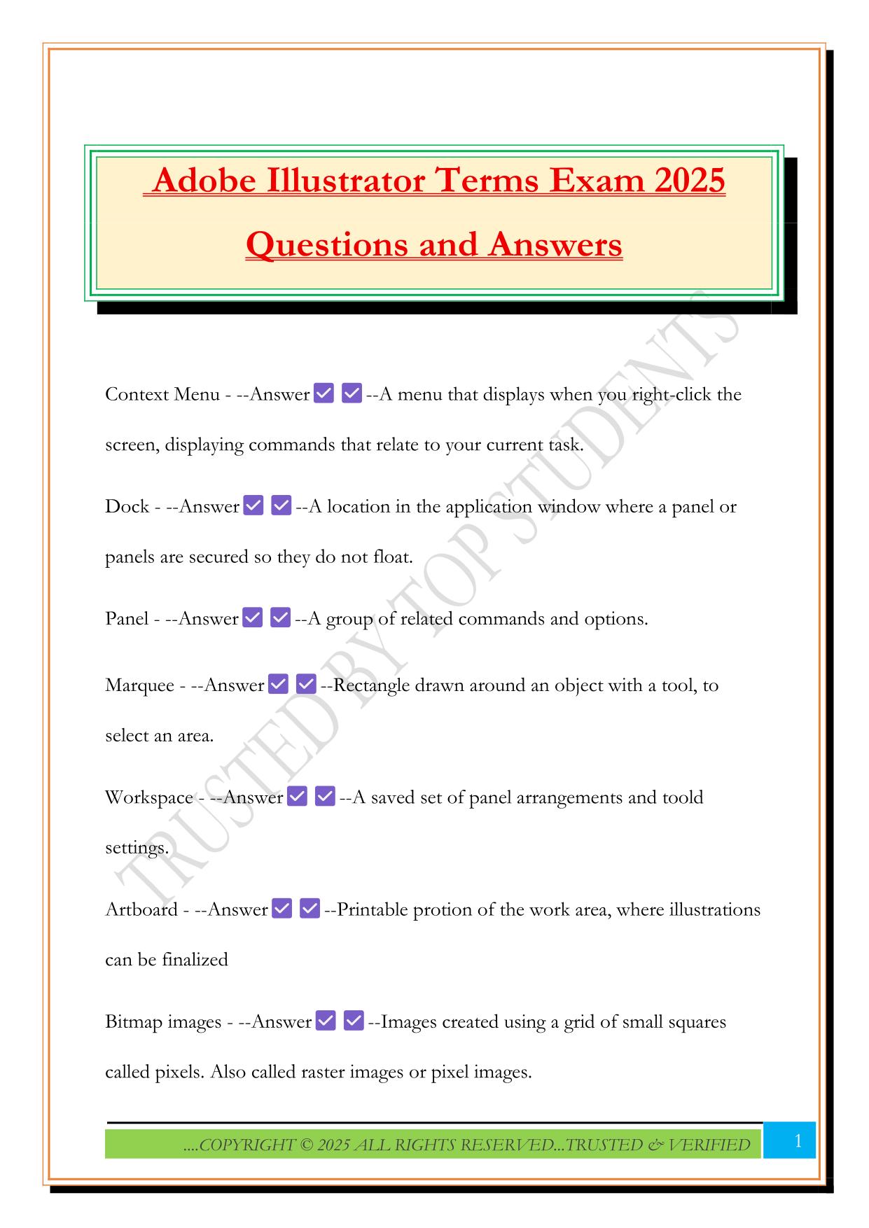Adobe Illustrator Terms Exam 2025 Questions and Answers