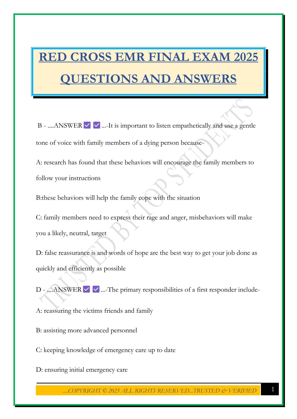 RED CROSS EMR FINAL EXAM 2025 QUESTIONS AND ANSWERS
