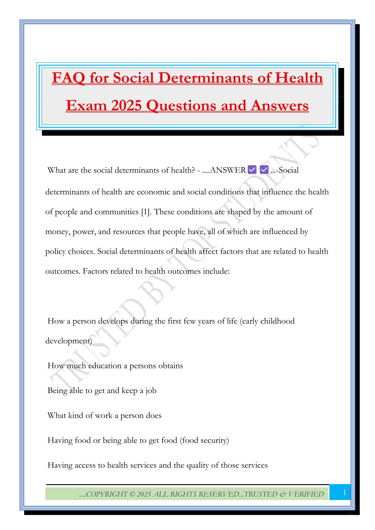 FAQ for Social Determinants of Health Exam 2025 Questions and Answers