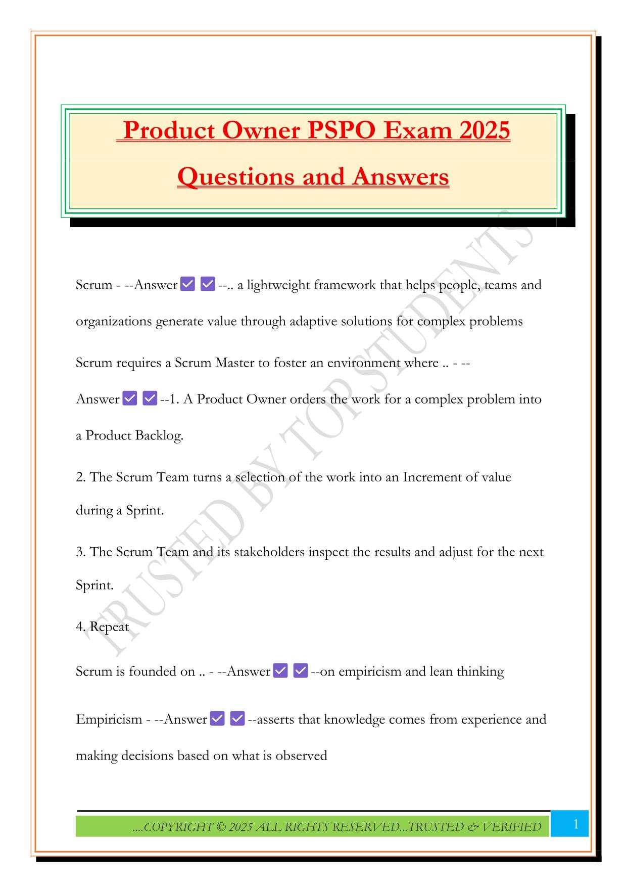 Product Owner PSPO Exam 2025 Questions and Answers