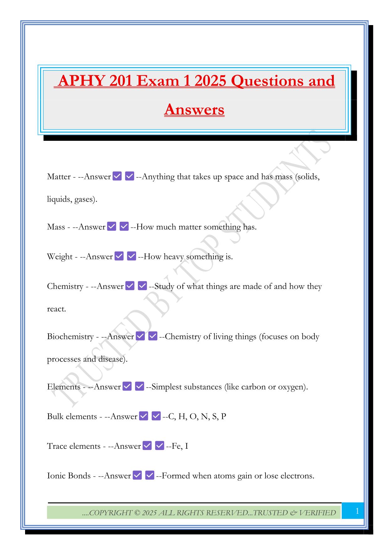 APHY 201 Exam 1 2025 Questions and Answers