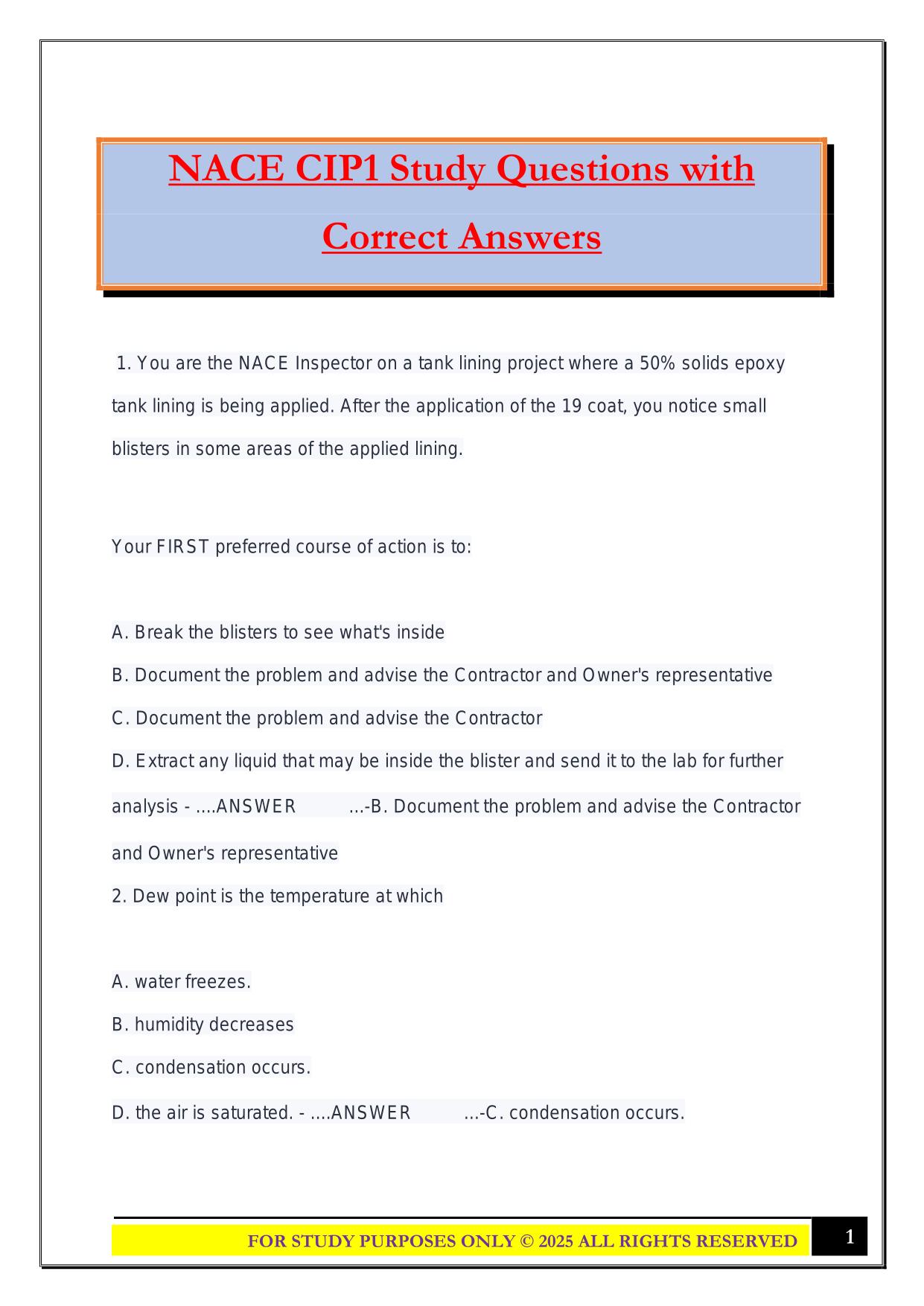 NACE CIP1 Study Questions with Correct Answers
