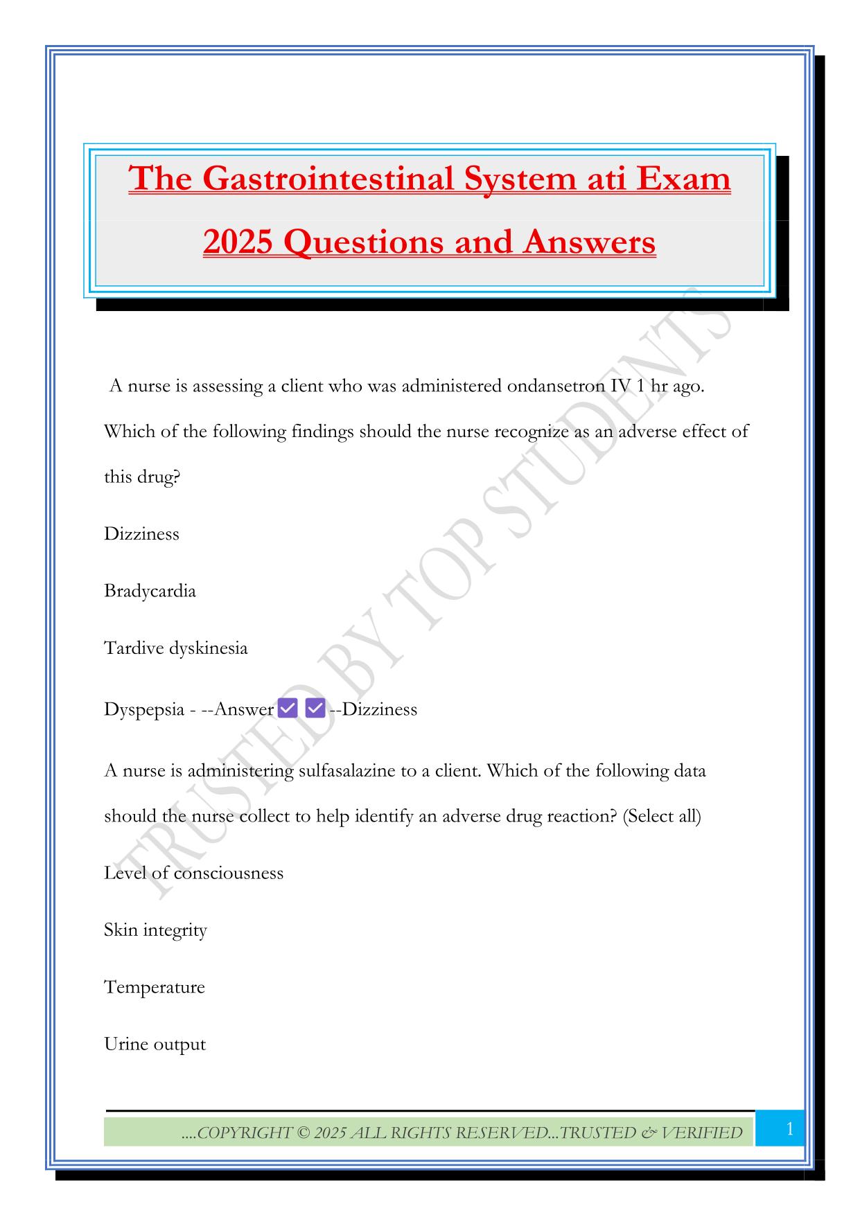 The Gastrointestinal System ati Exam 2025 Questions and Answers