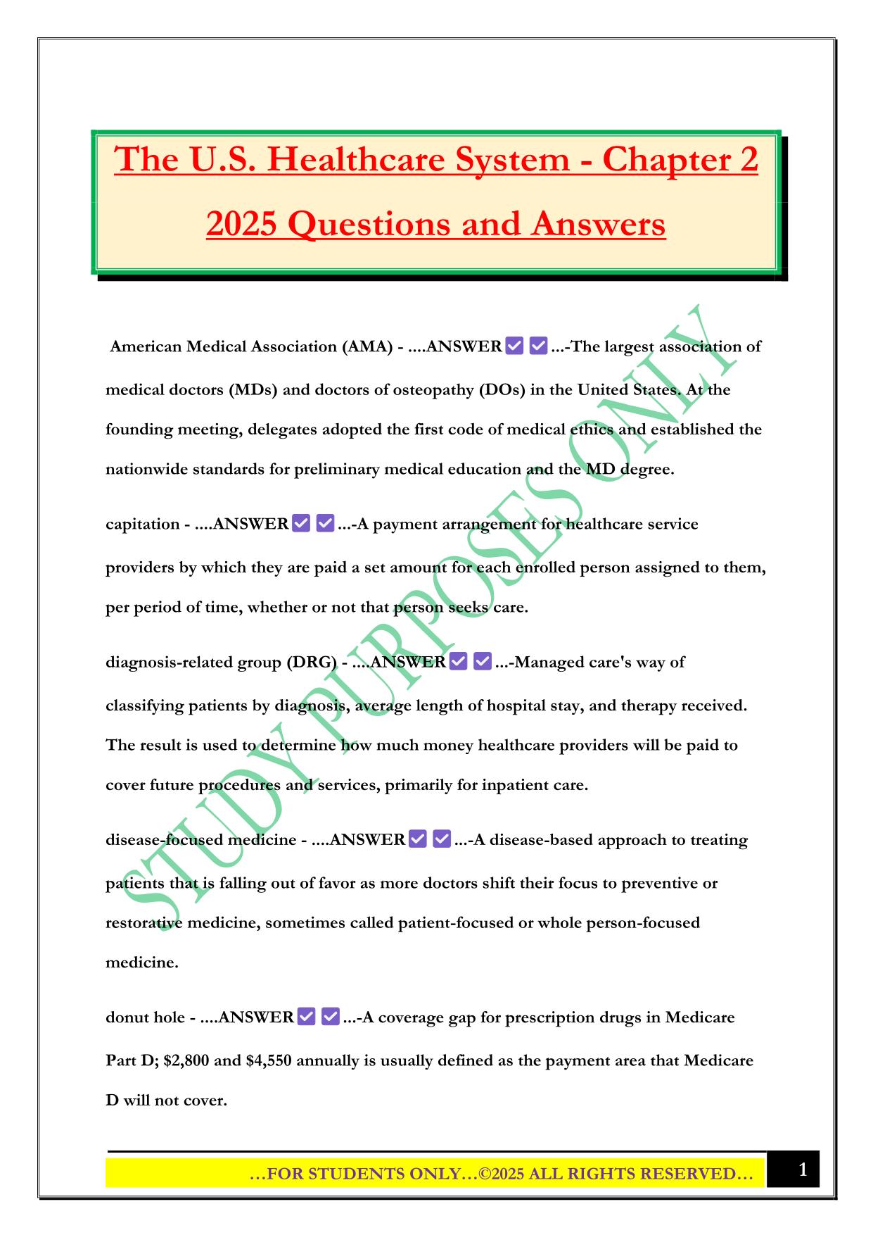 The U.S. Healthcare System - Chapter 2 2025 Questions and Answers
