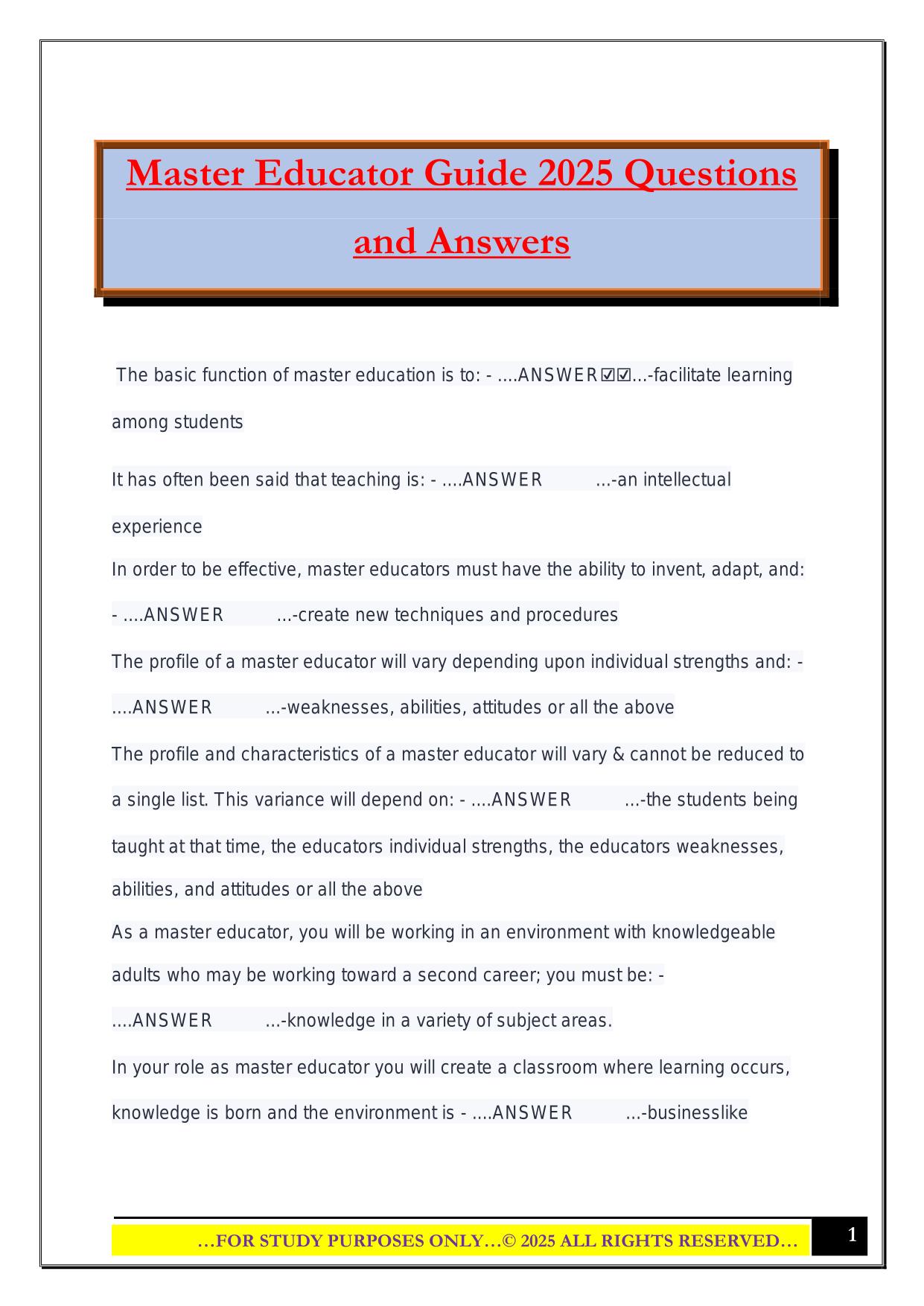 Master Educator Guide 2025 Questions and Answers