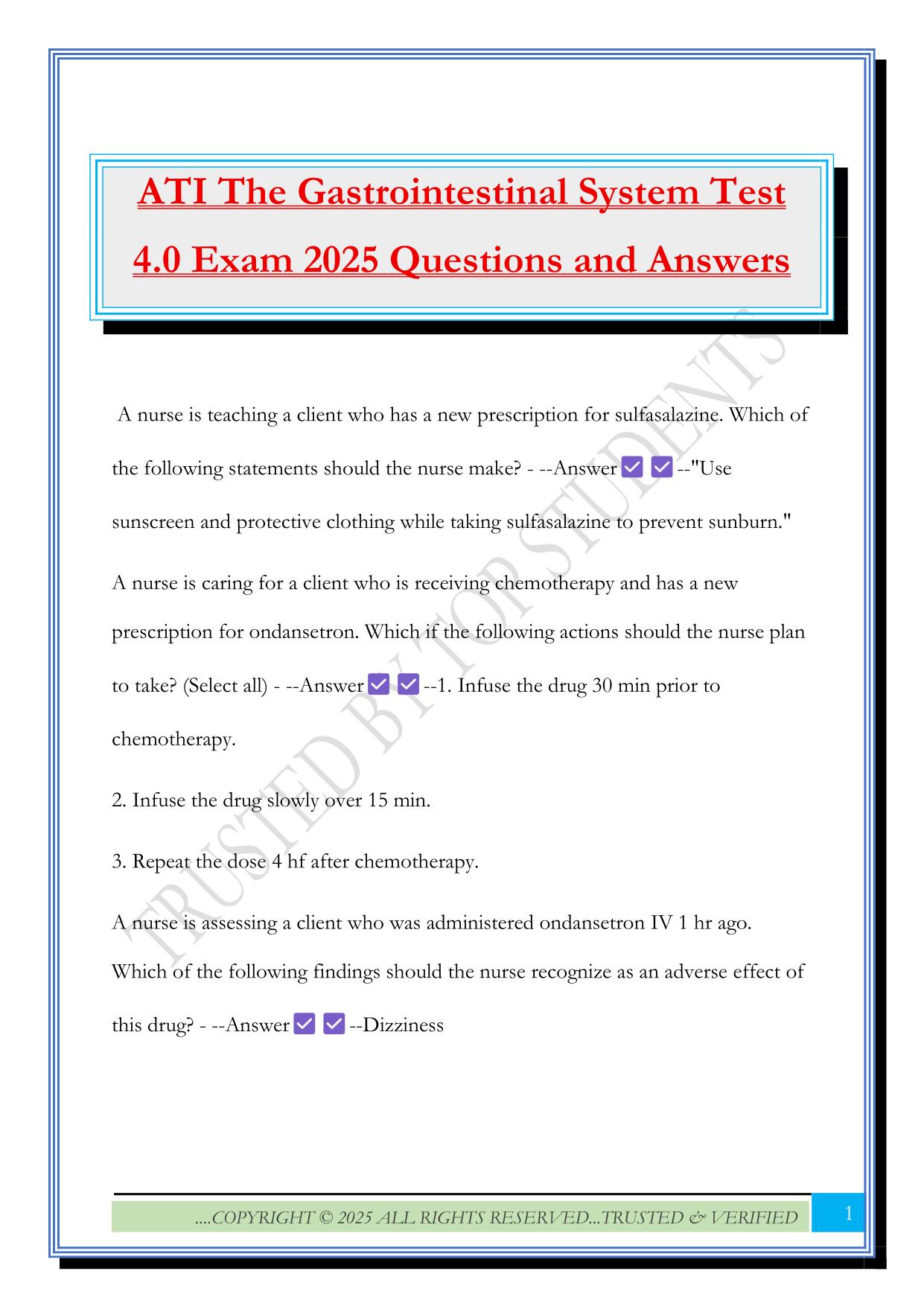ATI The Gastrointestinal System Test 4.0 Exam 2025 Questions and Answers