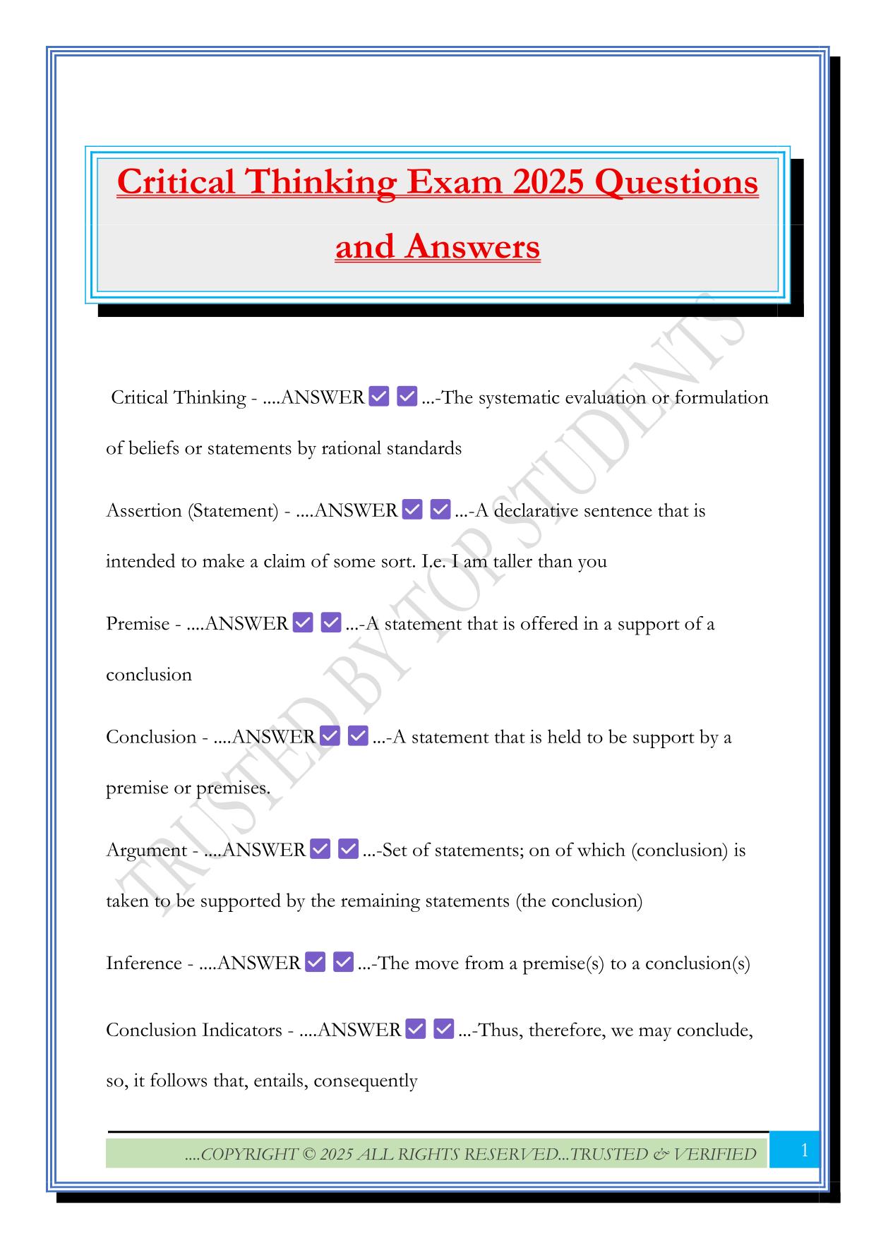 Critical Thinking Exam 2025 Questions and Answers