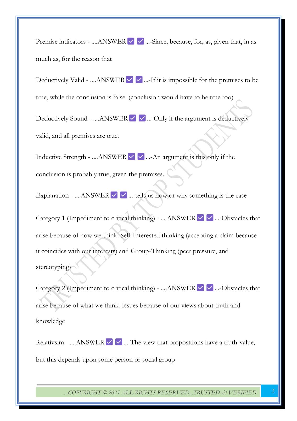 Critical Thinking Exam 2025 Questions and Answers