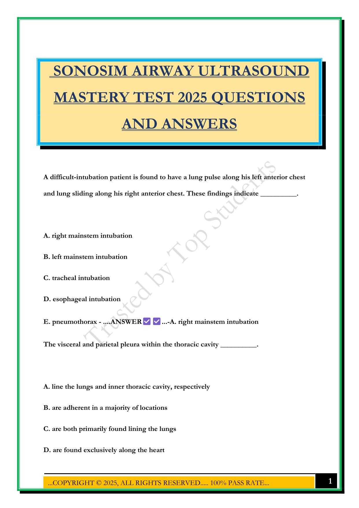 SONOSIM AIRWAY ULTRASOUND MASTERY TEST 2025 QUESTIONS AND ANSWERS