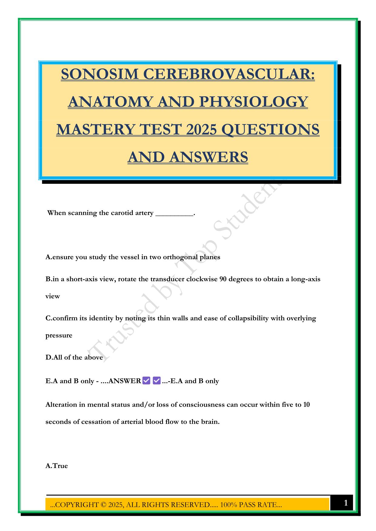 SONOSIM CEREBROVASCULAR: ANATOMY AND PHYSIOLOGY MASTERY TEST 2025 QUESTIONS AND ANSWERS
