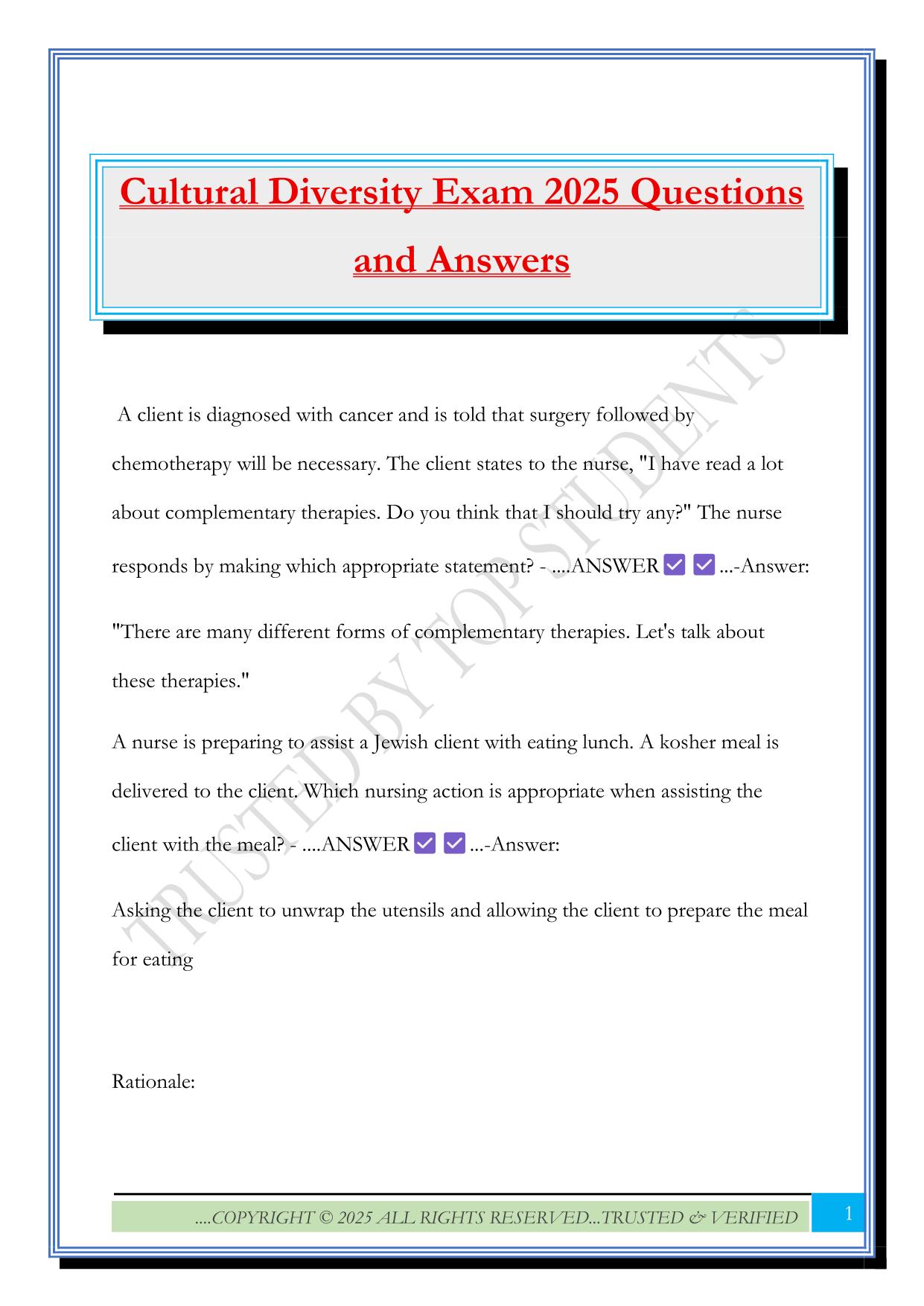 Cultural Diversity Exam 2025 Questions and Answers