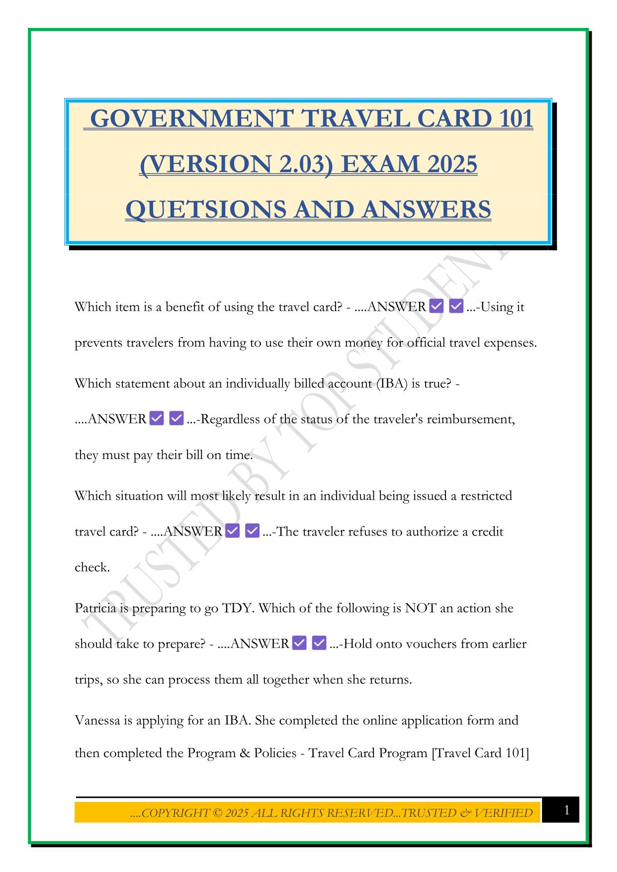 GOVERNMENT TRAVEL CARD 101 (VERSION 2.03) EXAM 2025 QUETSIONS AND ANSWERS