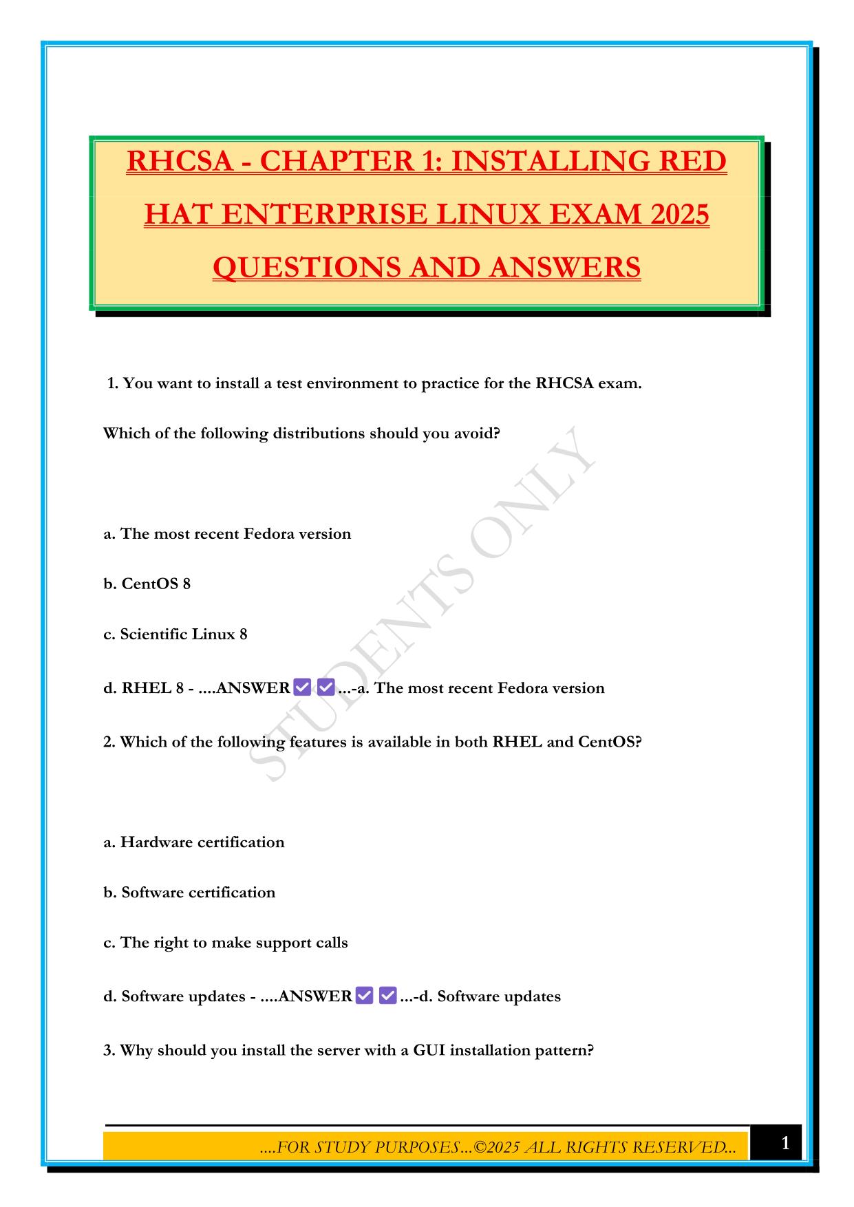 RHCSA - CHAPTER 1: INSTALLING RED HAT ENTERPRISE LINUX EXAM 2025 QUESTIONS AND ANSWERS