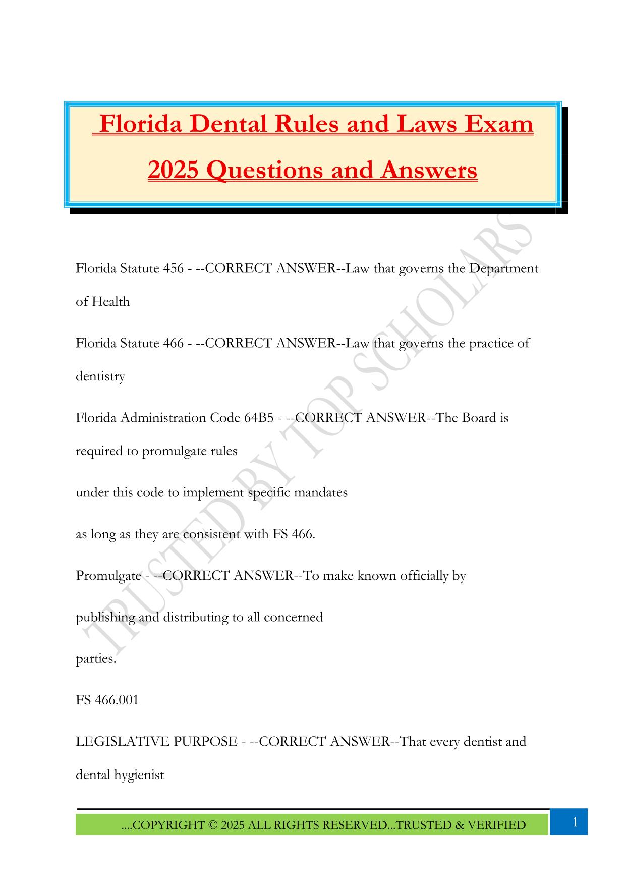 Florida Dental Rules and Laws Exam 2025 Questions and Answers