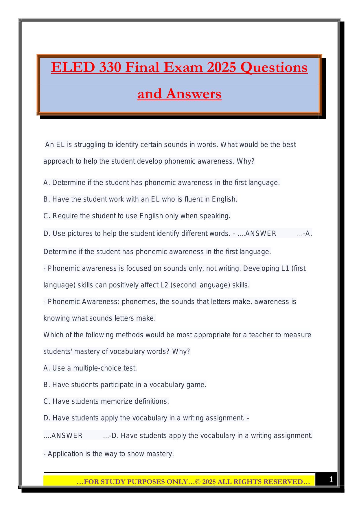 ELED 330 Final Exam 2025 Questions and Answers