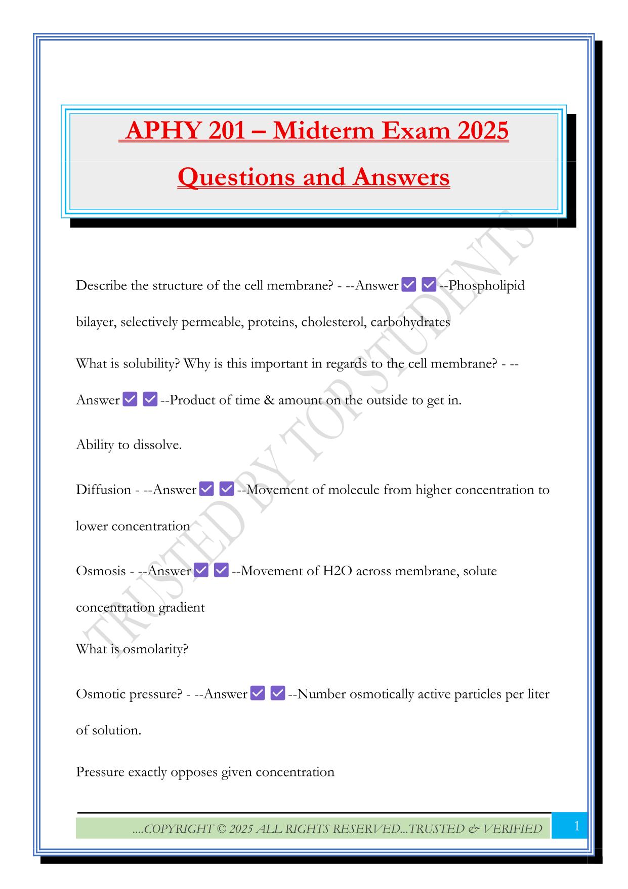 APHY 201 – Midterm Exam 2025 Questions and Answers