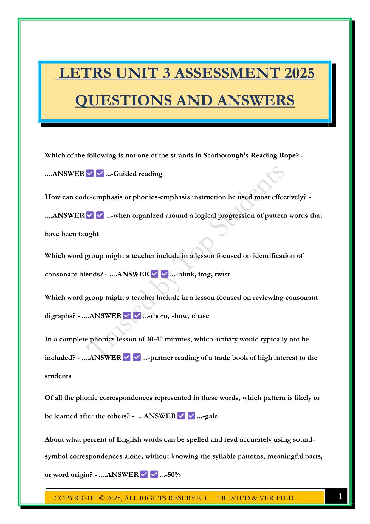 LETRS UNIT 3 ASSESSMENT 2025 QUESTIONS AND ANSWERS