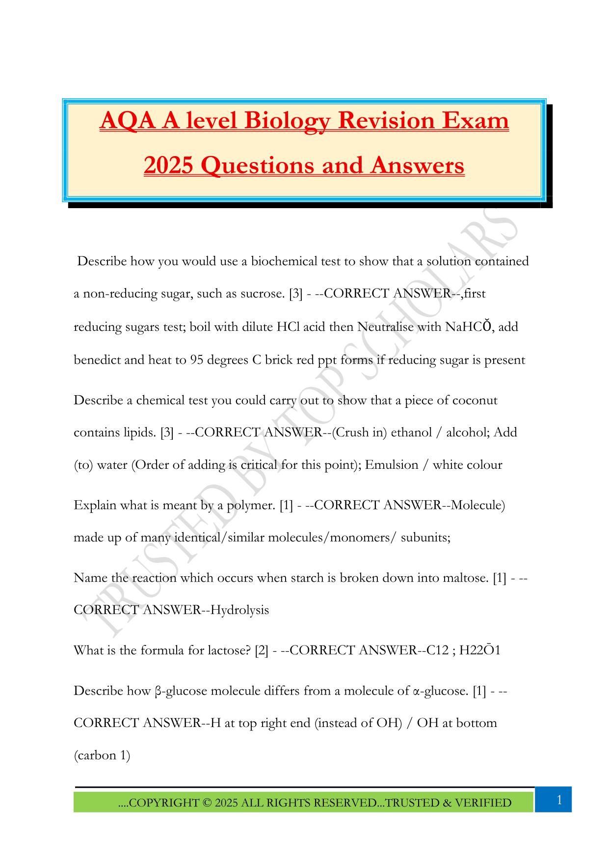 AQA A level Biology Revision Exam 2025 Questions and Answers