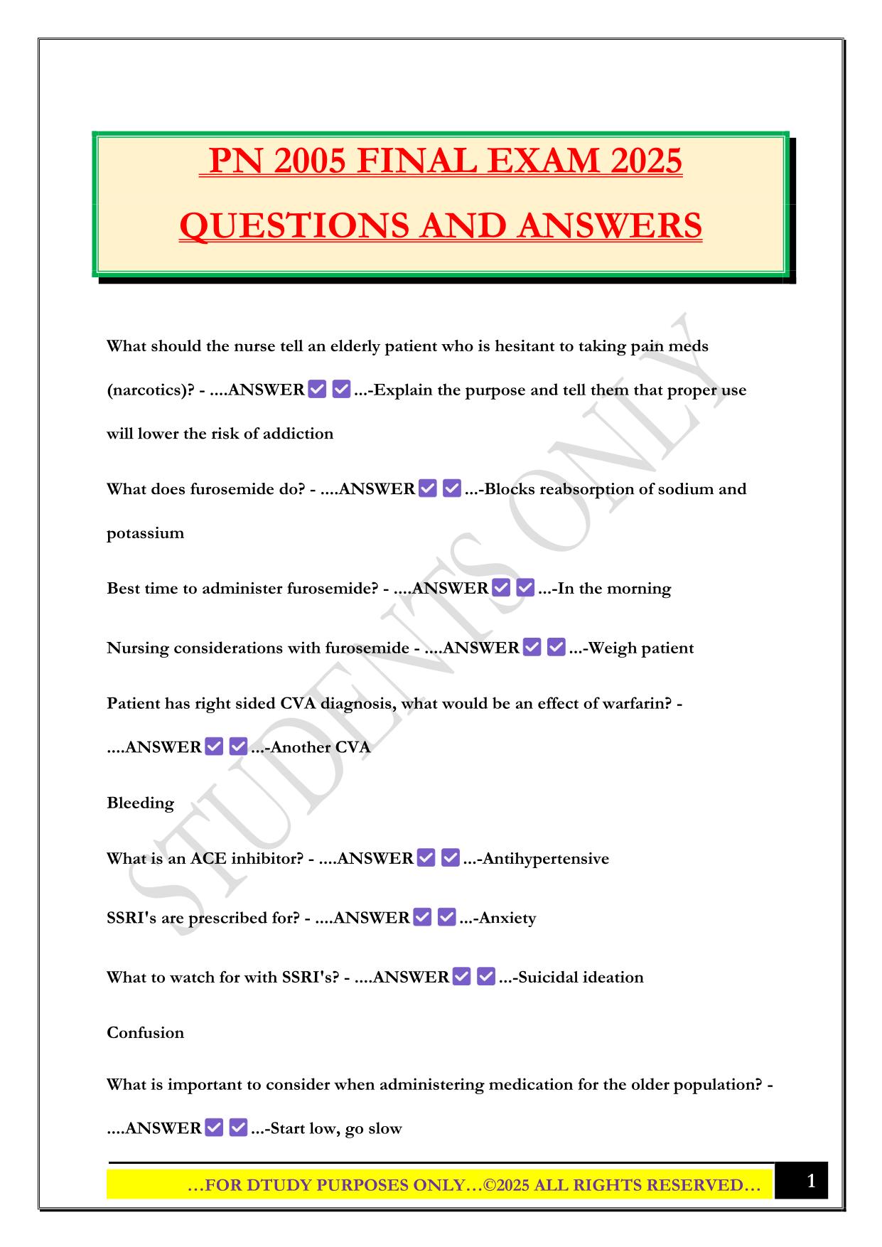 PN 2005 FINAL EXAM 2025 QUESTIONS AND ANSWERS