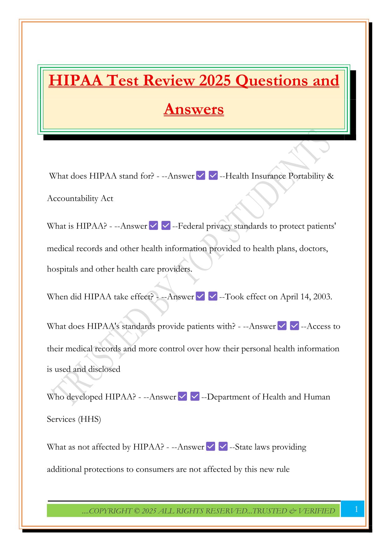 HIPAA Test Review 2025 Questions and Answers