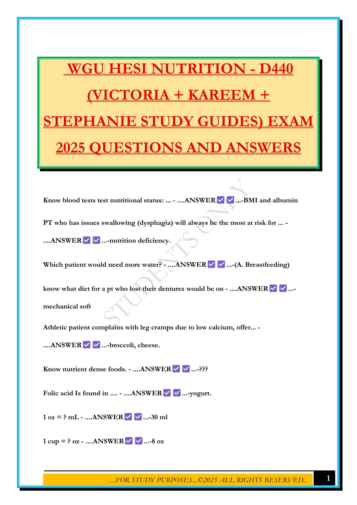 WGU HESI NUTRITION - D440 (VICTORIA + KAREEM + STEPHANIE STUDY GUIDES) EXAM 2025 QUESTIONS AND ANSWERS
