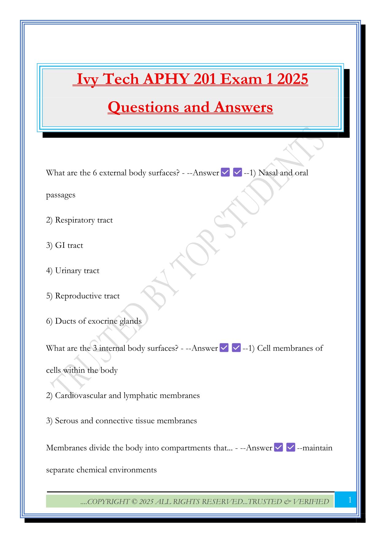 Ivy Tech APHY 201 Exam 1 2025 Questions and Answers