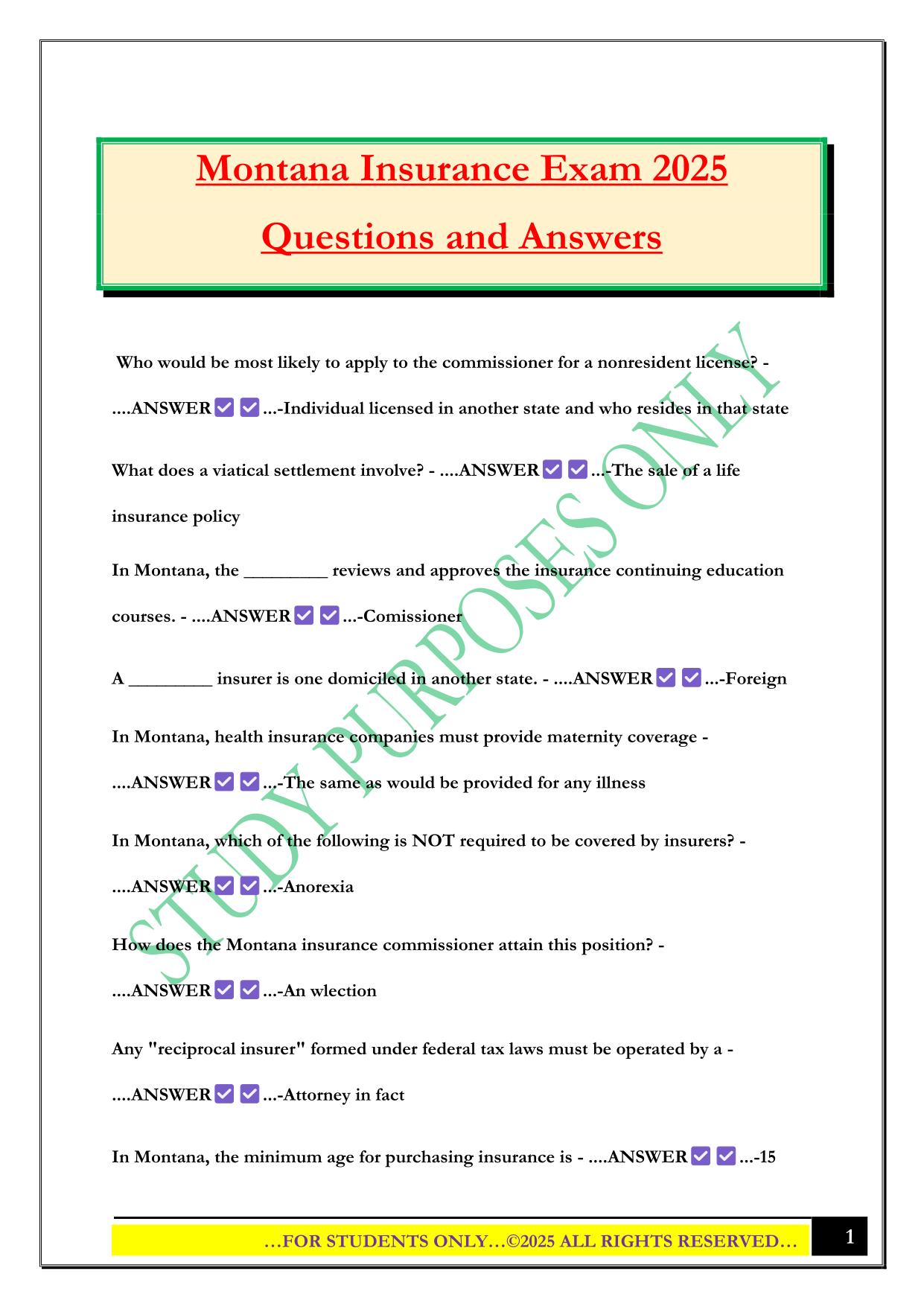 Montana Insurance Exam 2025 Questions and Answers