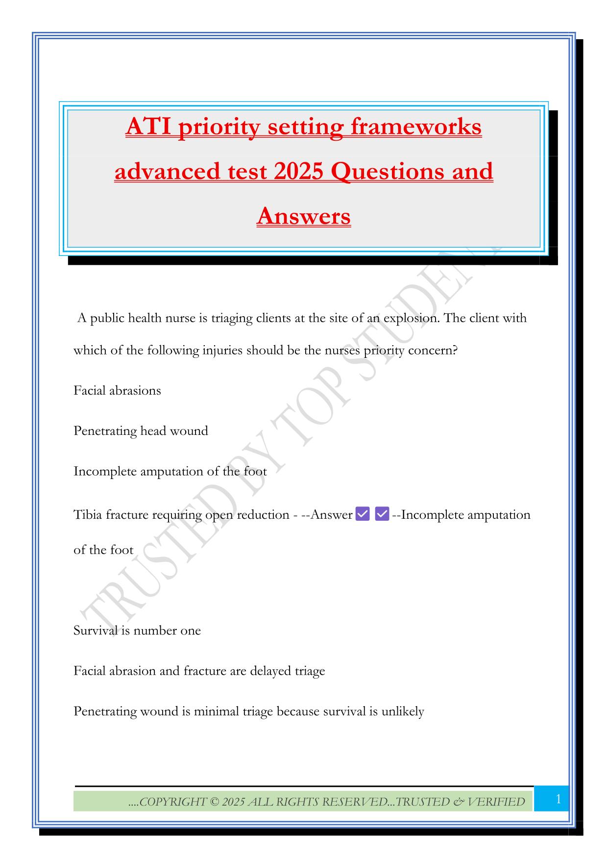ATI priority setting frameworks advanced test 2025 Questions and Answers