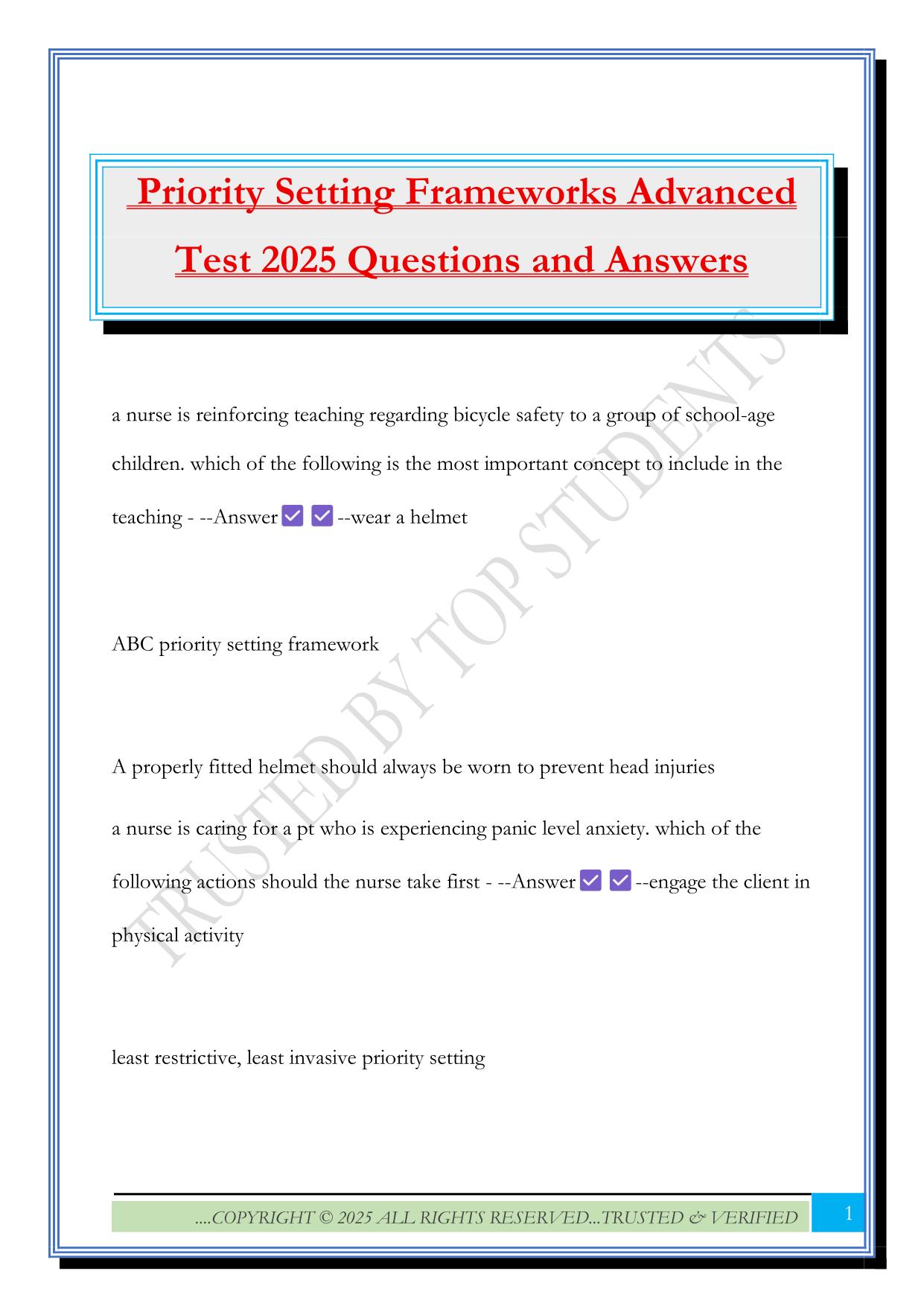 Priority Setting Frameworks Advanced Test 2025 Questions and Answers