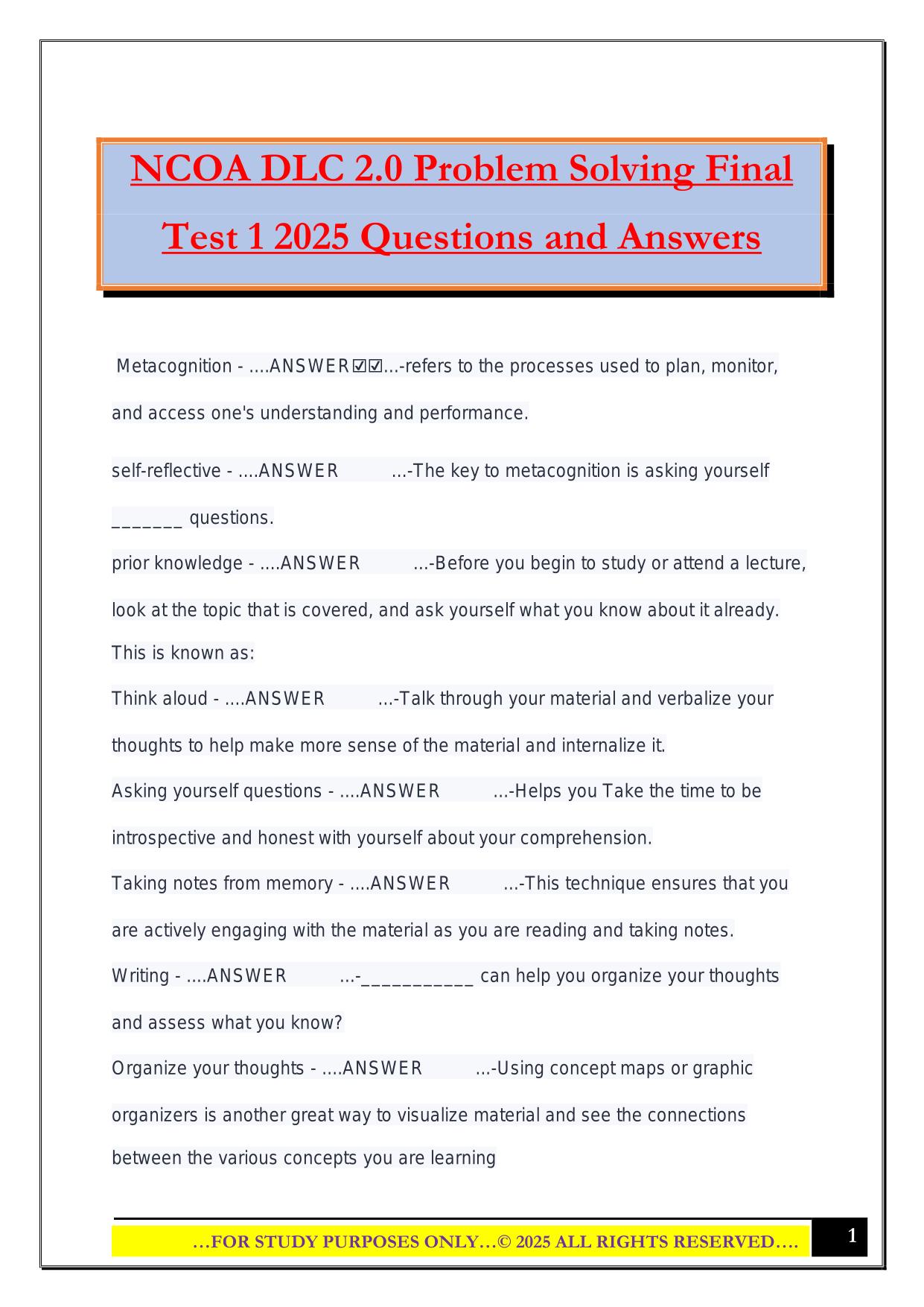 NCOA DLC 2.0 Problem Solving Final Test 1 2025 Questions and Answers