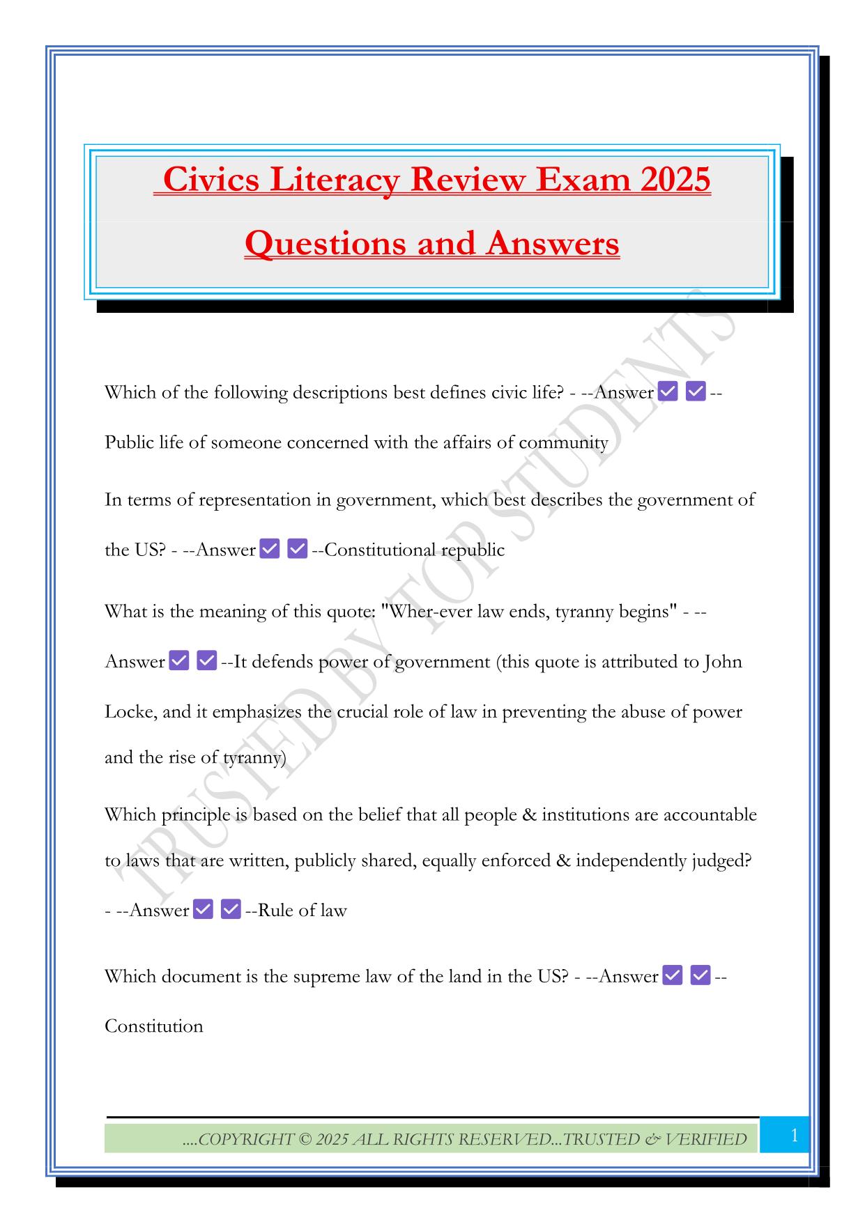 Civics Literacy Review Exam 2025 Questions and Answers